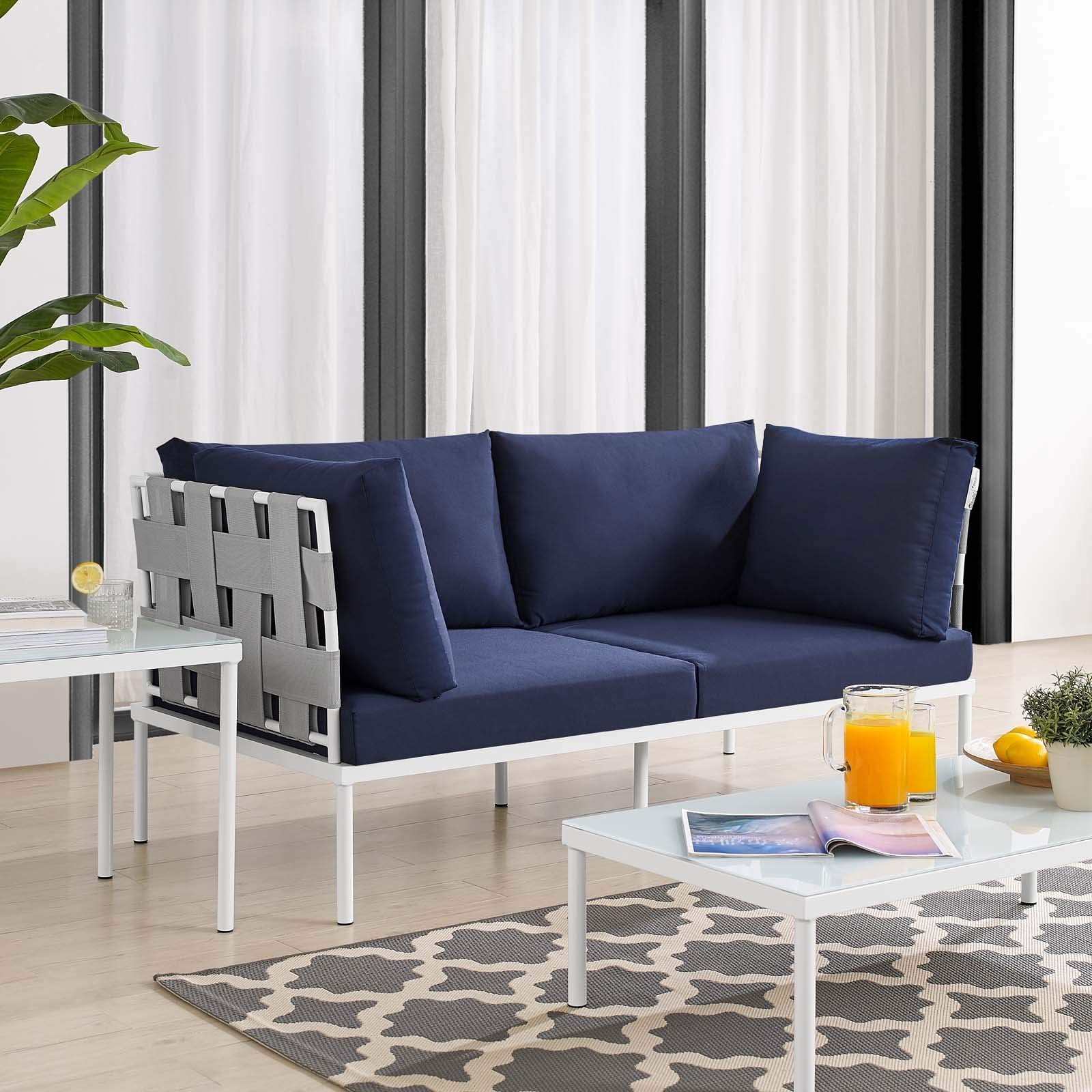 Modway EEI-4964-GRY-NAV Harmony Outdoor Patio Aluminum Loveseat - Gray & Navy Weather-Resistant Garden Furniture for Backyard, Poolside & Patio Relaxation