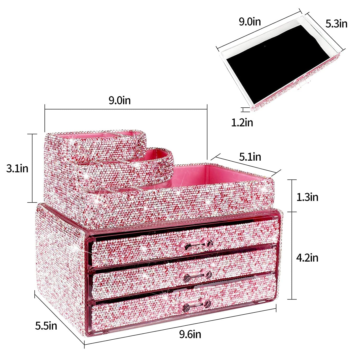 KEYPOWER Makeup Organizer with Jewelry Drawer & Brush Holder - Pink Cosmetic Storage Case for Vanity, Bathroom, and Travel | Perfect for Makeup Artists and Beauty Enthusiasts