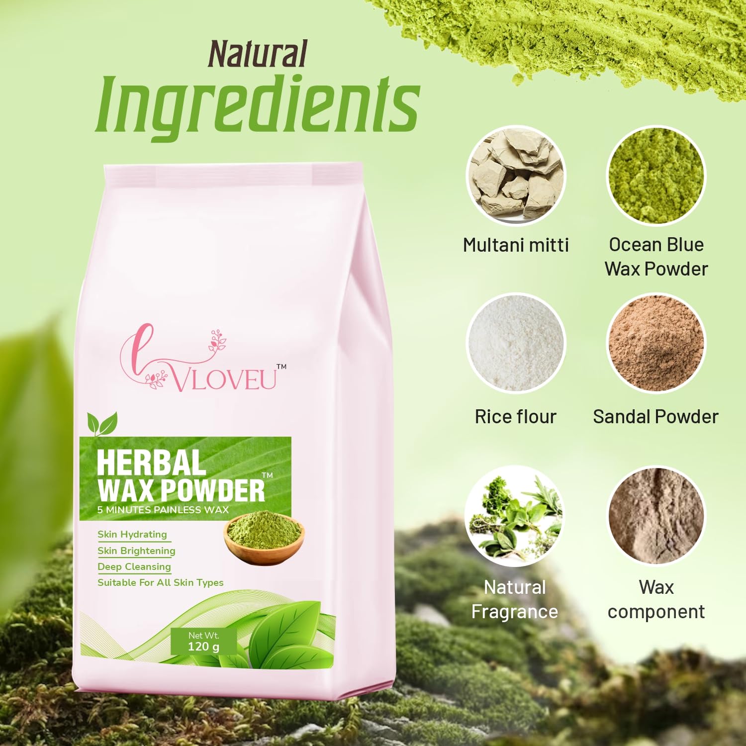VLOVEU Herbal Wax Powder for Hair Removal - 120g Natural Painless Facial Hair Remover for Women | Bikini, Legs & Underarms Waxing | Quick 5-Minute Hair Removal Solution | Ideal for At-Home Spa, Salon & Travel Use
