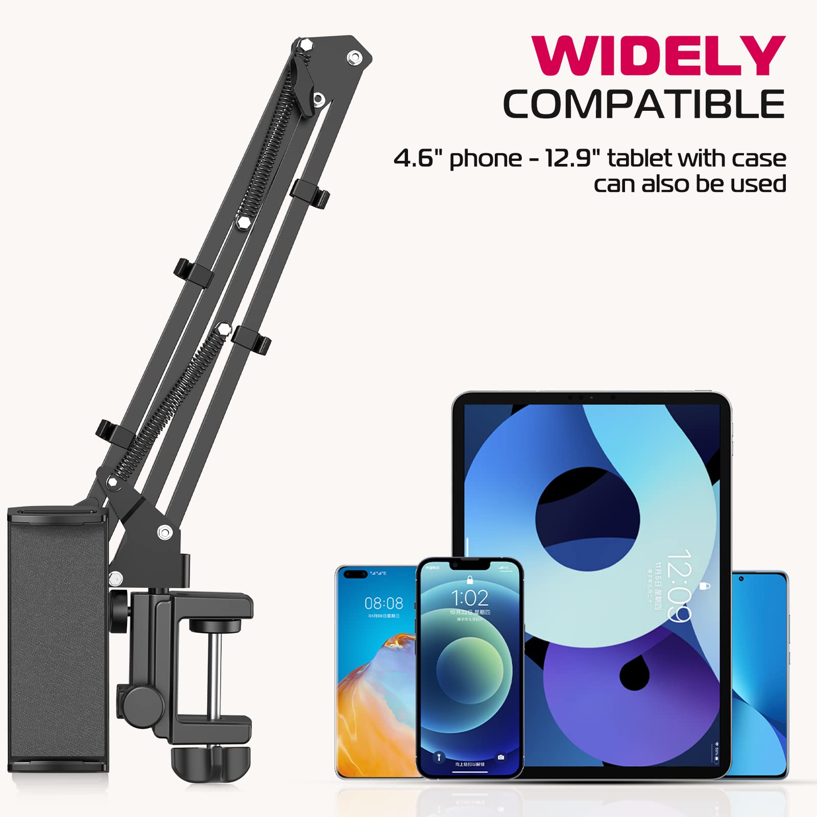 ULANZI T2 Adjustable Tablet Stand Holder - Carbon Steel Desk & Bed Mount for iPad Pro, Air, Mini, Galaxy Tab, iPhone (4.6-12.9 Inch) - Perfect for Watching Movies, Reading & Video Calls