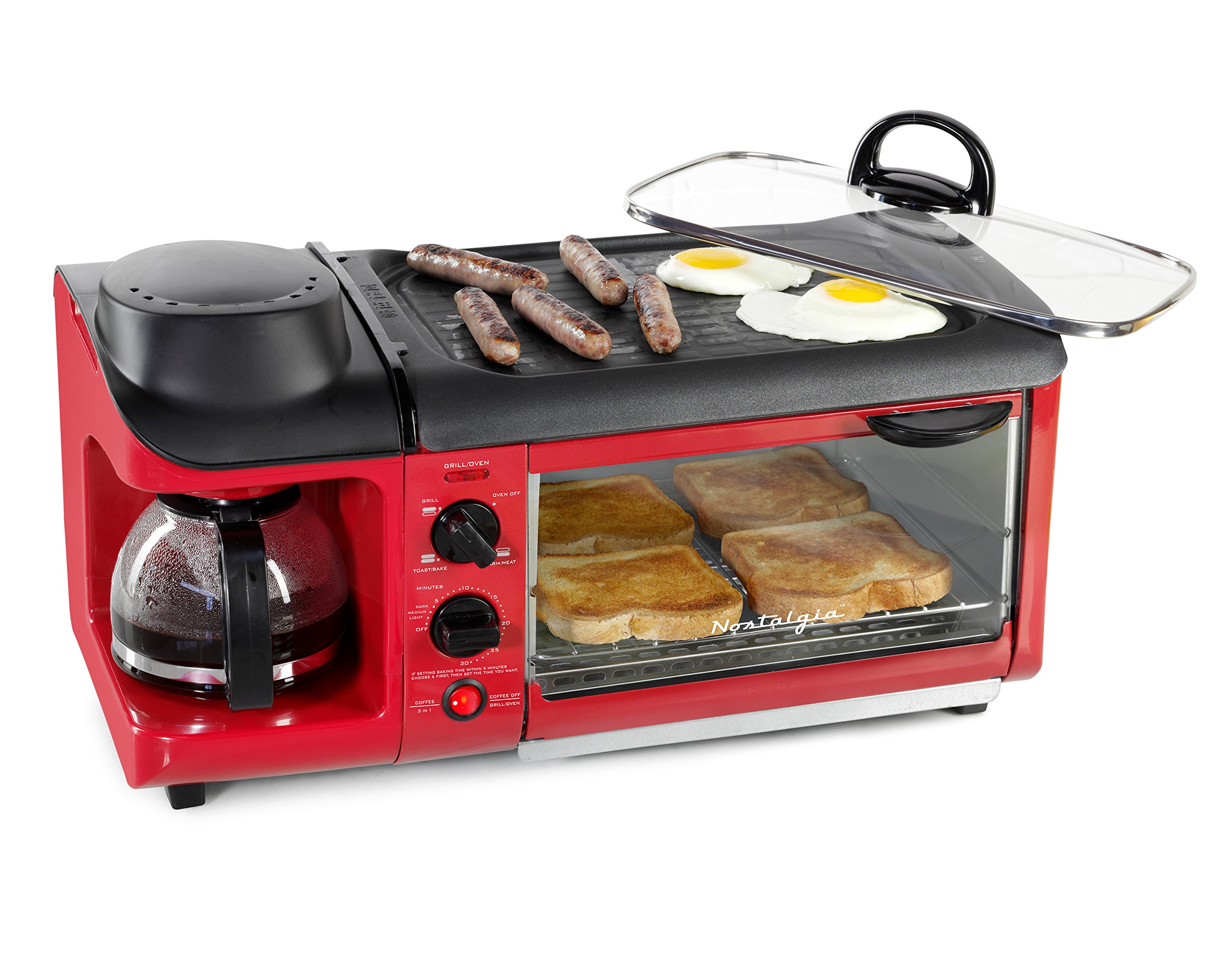 Nostalgia BSET300RETRORED 3-in-1 Breakfast Sandwich Maker, Waffle Iron & Griddle - Family Size, Retro Red - Perfect for Quick Breakfasts, Family Meals & Weekend Brunches