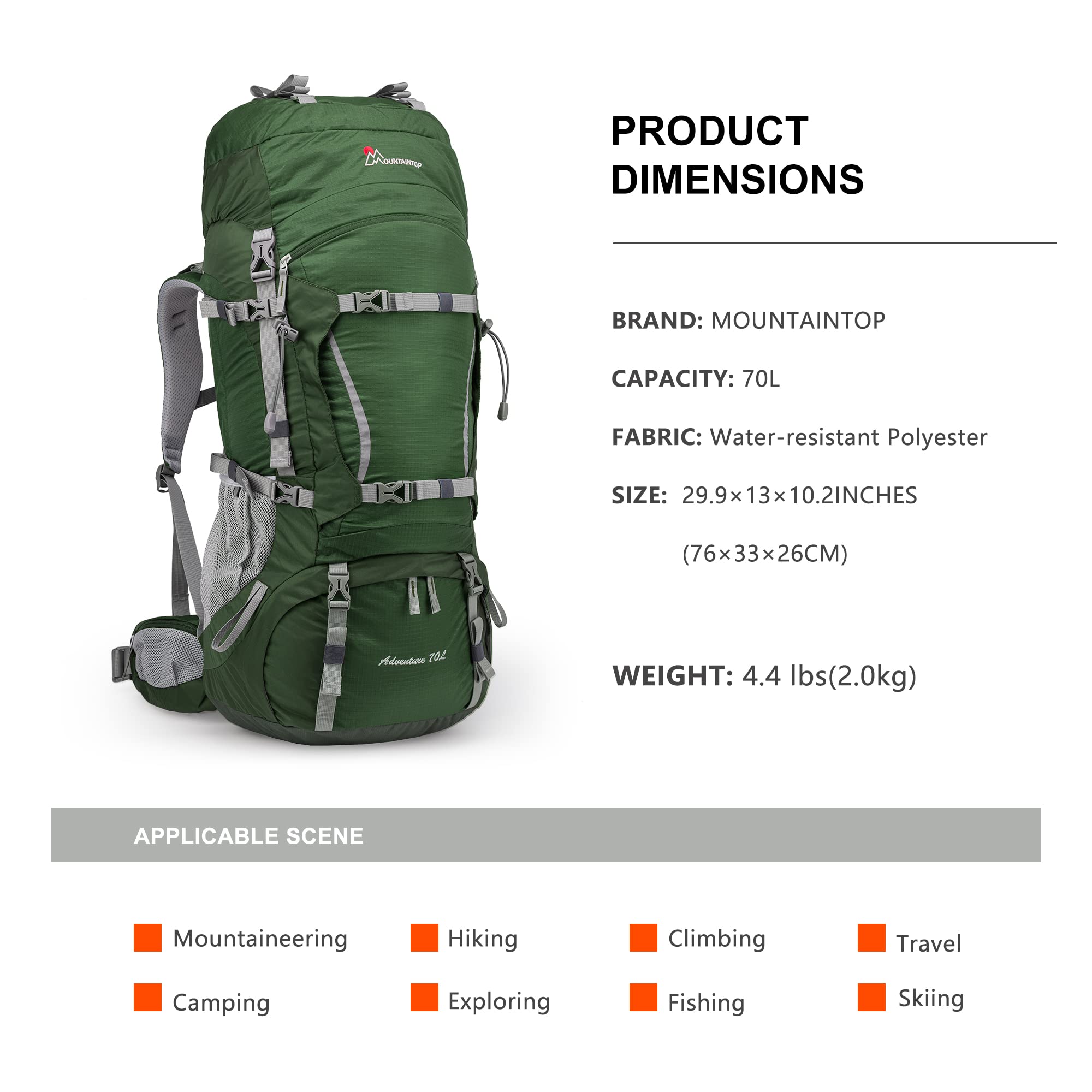 MOUNTAINTOP 70L Internal Frame Backpack - Lightweight Waterproof Hiking Backpack for Men & Women with Rain Cover - Perfect for Camping, Trekking & Outdoor Adventures