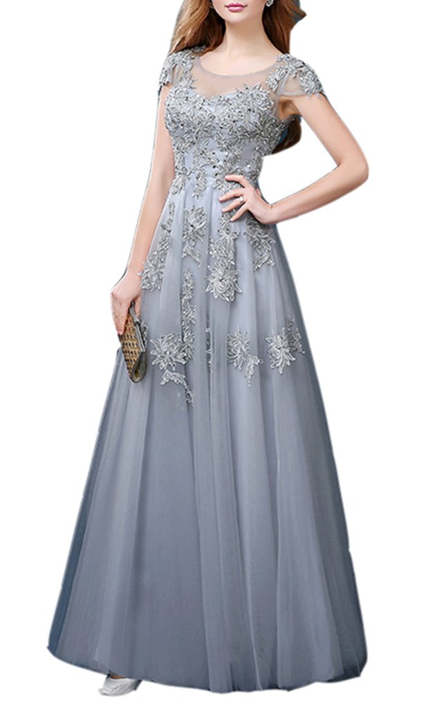 Emanni Women's A-Line Long Applique Short Sleeve Formal Evening Dress - Elegant Prom, Wedding Guest & Cocktail Party Gown