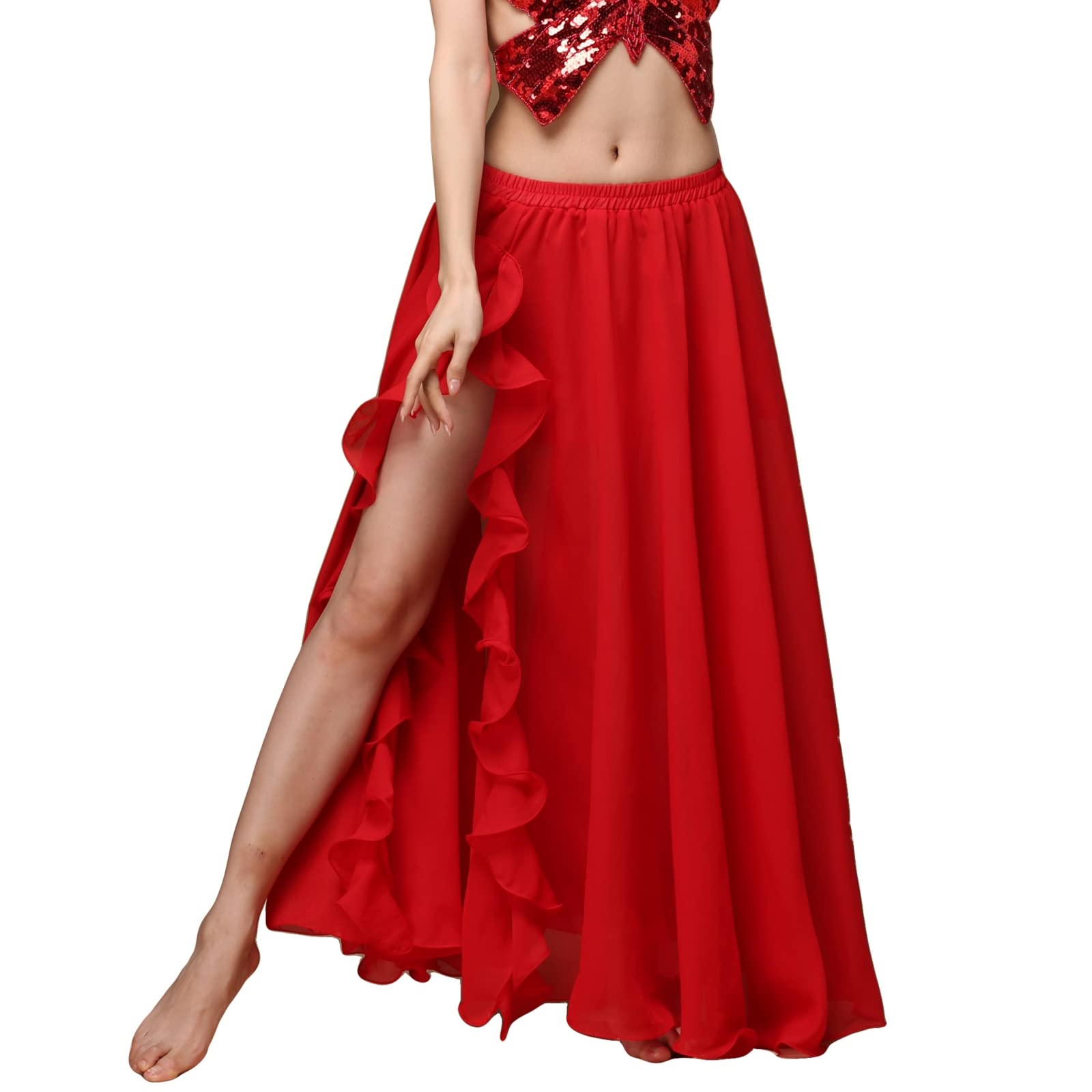 Baisdan Long Chiffon Belly Dance Skirt with High Slit - Large Swing Skirt for Dance Practice, Performances, and Studio Sessions