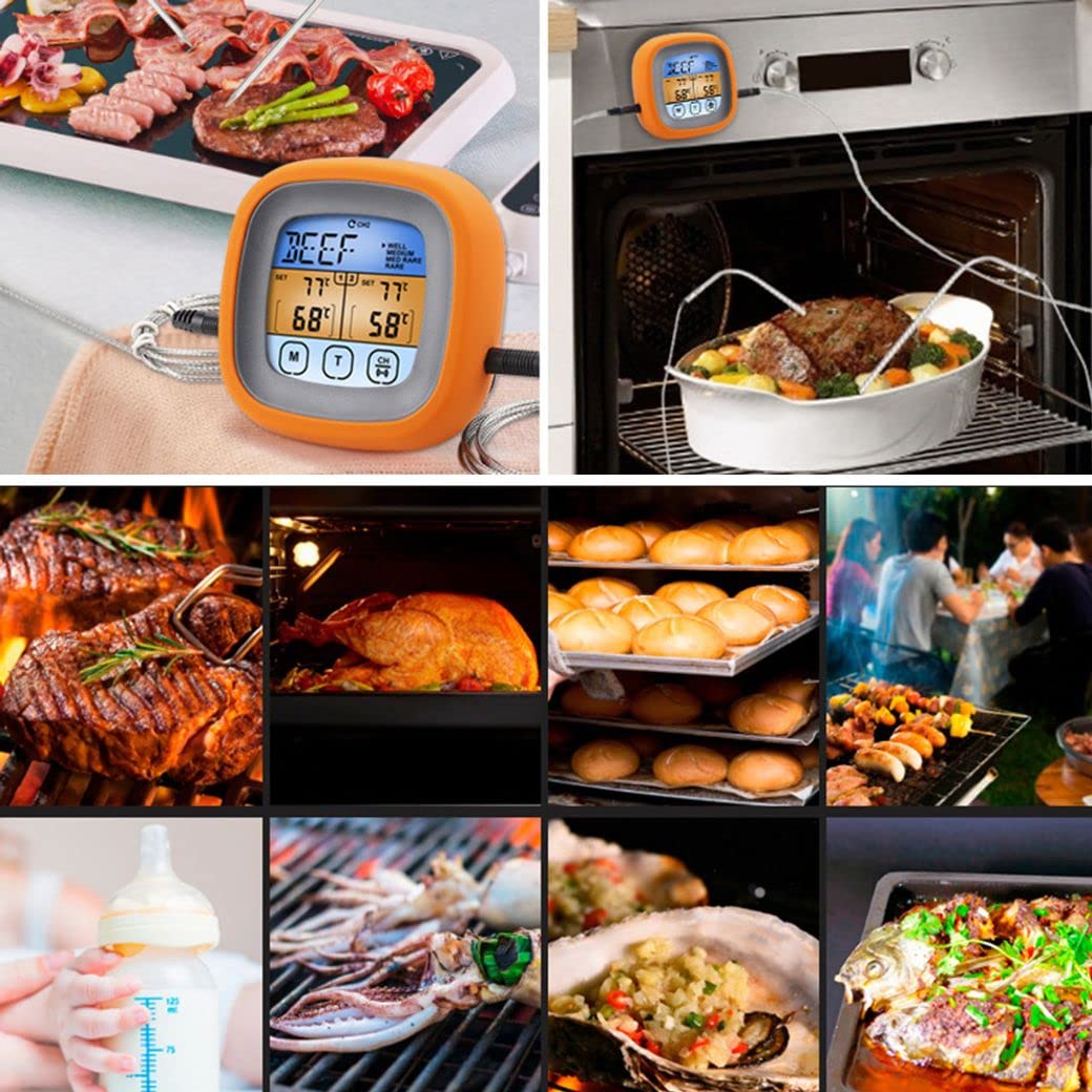 Wireless Touch Screen Digital Meat Thermometer - Dual Probe Food Thermometer with Large LCD Display, Backlight, Long Probe & Kitchen Timer for Grilling, Smoking, Baking & Cooking