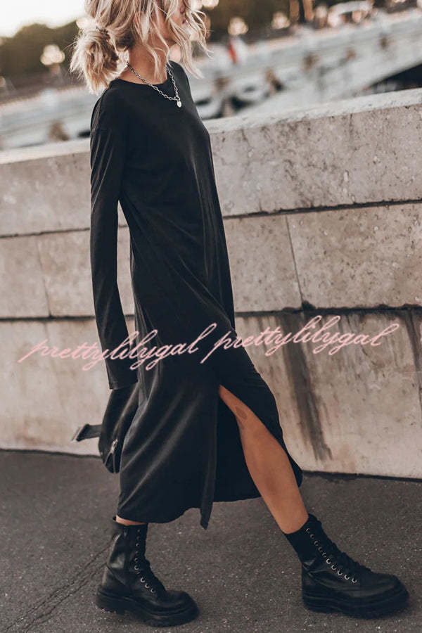 Bedisse Cotton Blend Long Sleeve Relaxed Slit Midi Dress - Comfortable Casual & Work Wear for Women | Perfect for Office, Date Night & Weekend Outings
