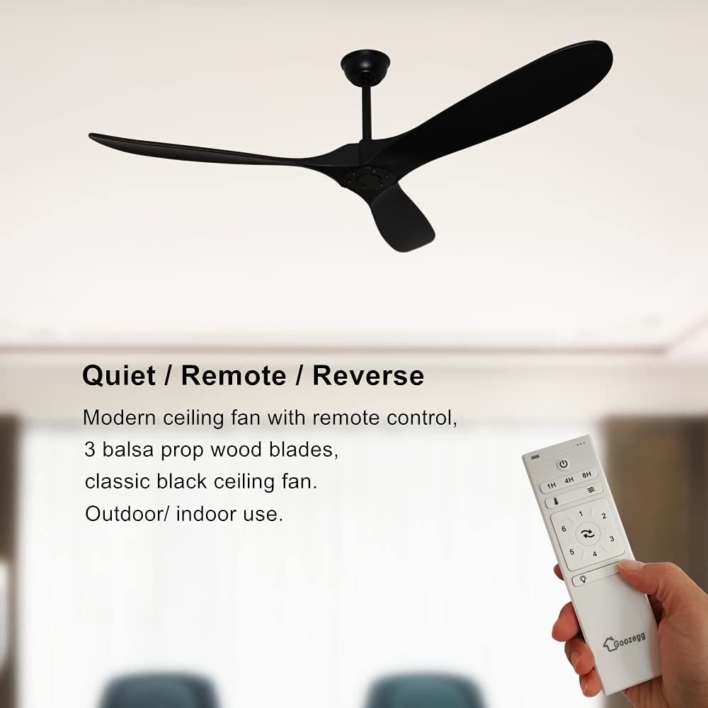 Goozegg 52 Inch Black Ceiling Fan with Remote Control - 3 Solid Wood Blades, Energy Efficient DC Motor, No Lights - Perfect for Living Room, Bedroom & Outdoor Spaces