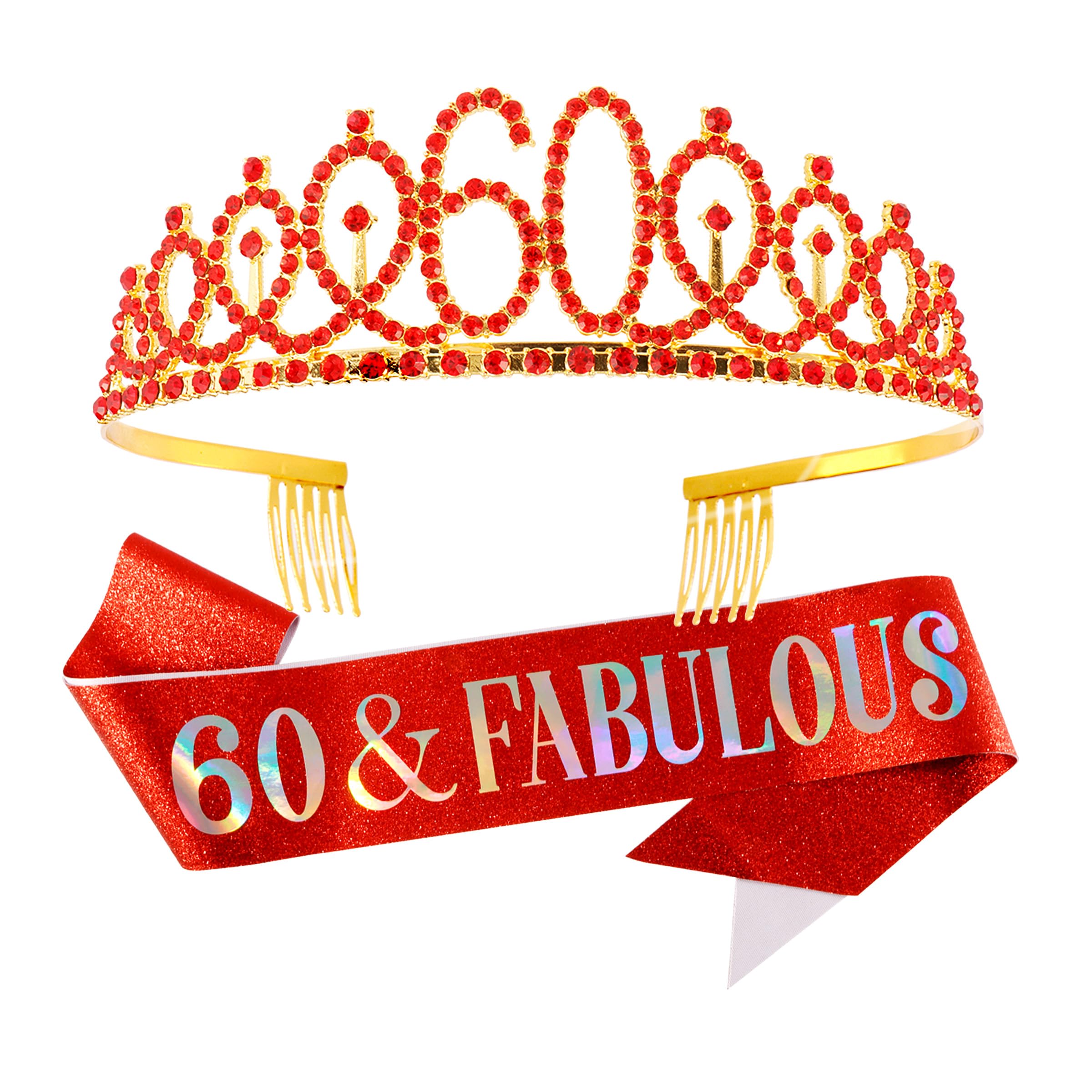 60th Birthday Sash & Tiara Set - Sparkling Red Birthday Crown for Women - 60th Birthday Party Decorations - Perfect for Milestone Celebrations, Birthday Photos & Special Occasions