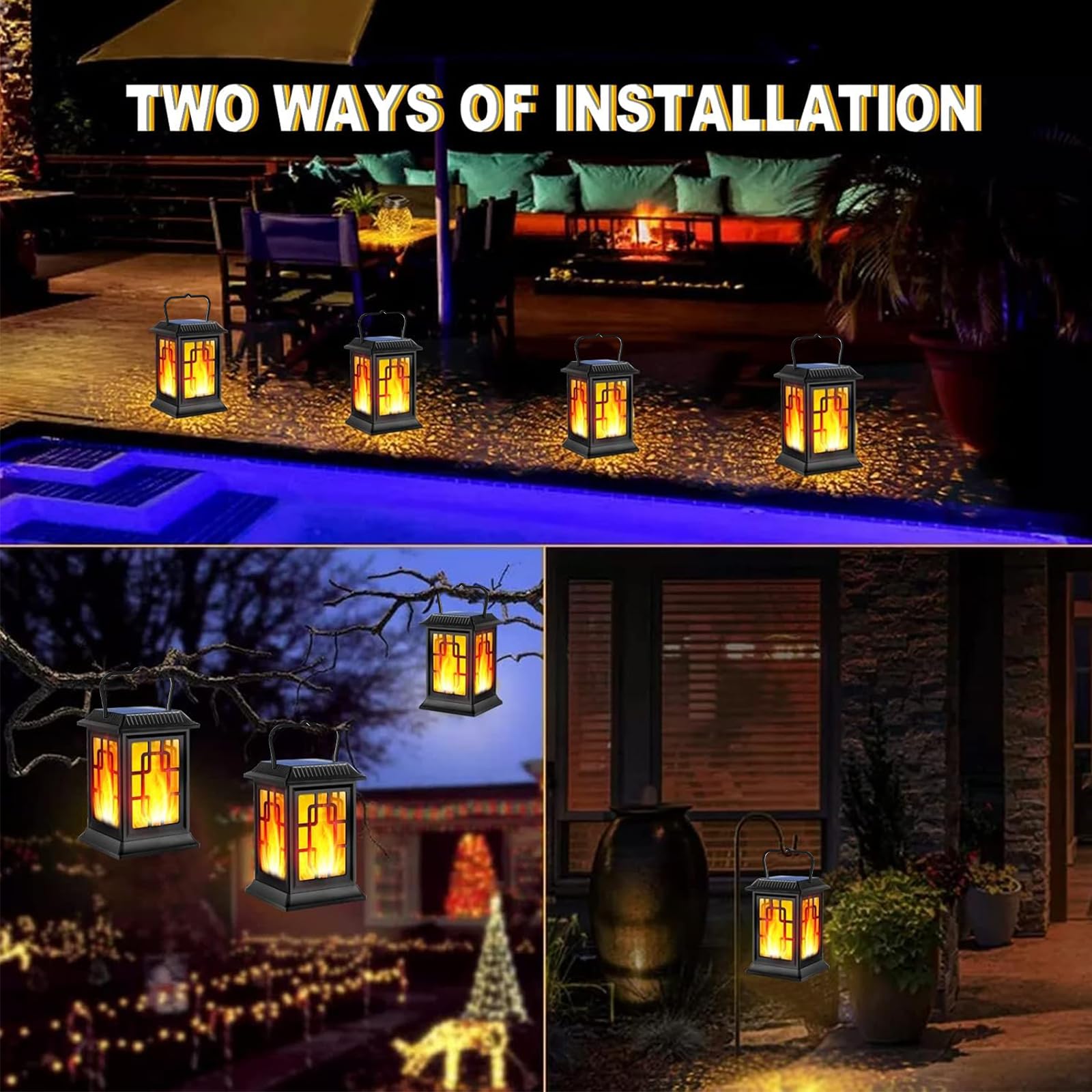 Solar Powered Outdoor Lanterns - Waterproof Hanging Garden Lights with LED Flame Effect for Patio, Pathway, Deck & Yard (2 Pack) - Perfect for Backyard Parties, Camping & Emergency Lighting