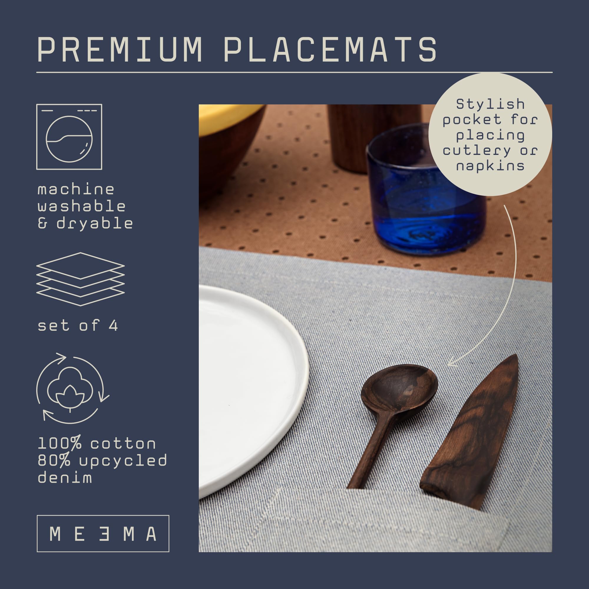MEEMA 4-Pack Recycled Denim & Cotton Placemats with Pockets - 14x20 Inch Farmhouse Style Washable Table Mats for Dining Room, Kitchen, Parties & Special Occasions (Blue) | Eco-Friendly Home Decor