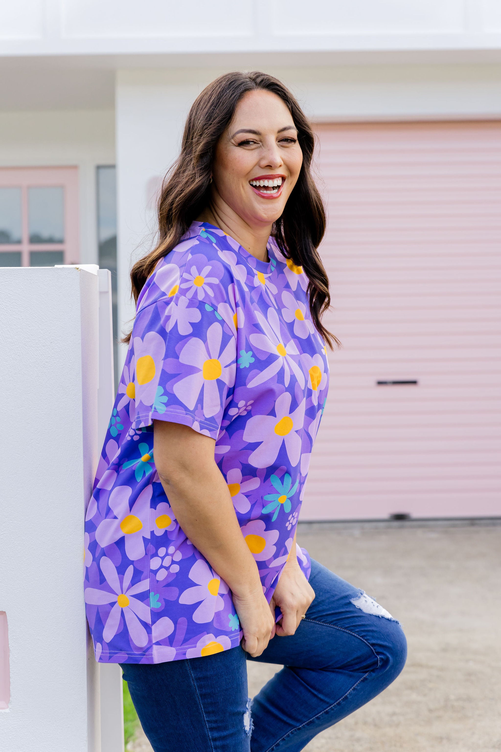 Lilac Daisy Print Coco T-Shirt for Women - Soft Cotton Casual Tee for Summer Outfits, Beachwear, and Everyday Fashion