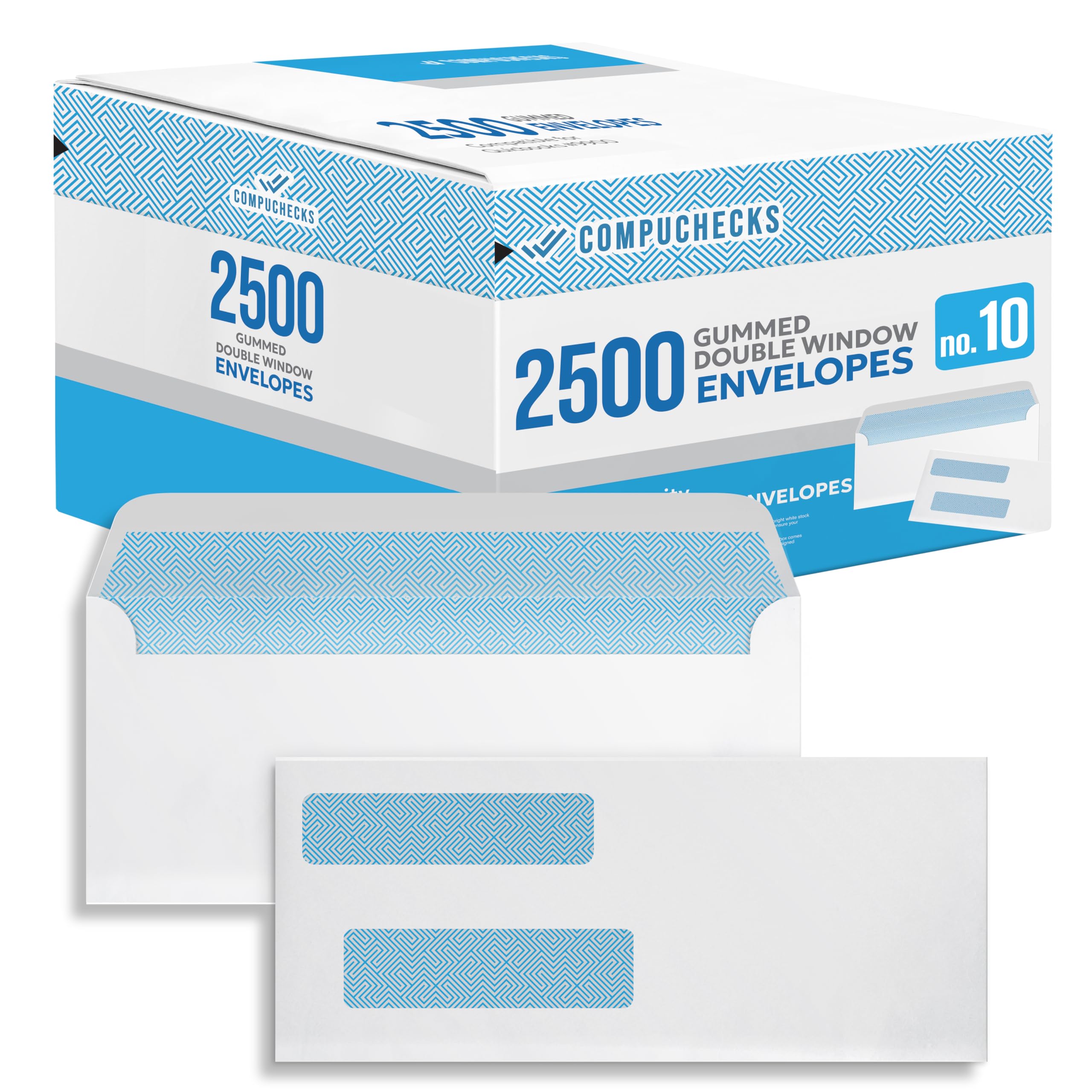 Compuchecks #10 Double Window Security Envelopes - 2500 Count Gummed Business Mailing Envelopes with Tamper Evident Seal & Security Tint - Perfect for Invoices, Legal Documents & Confidential Mailings