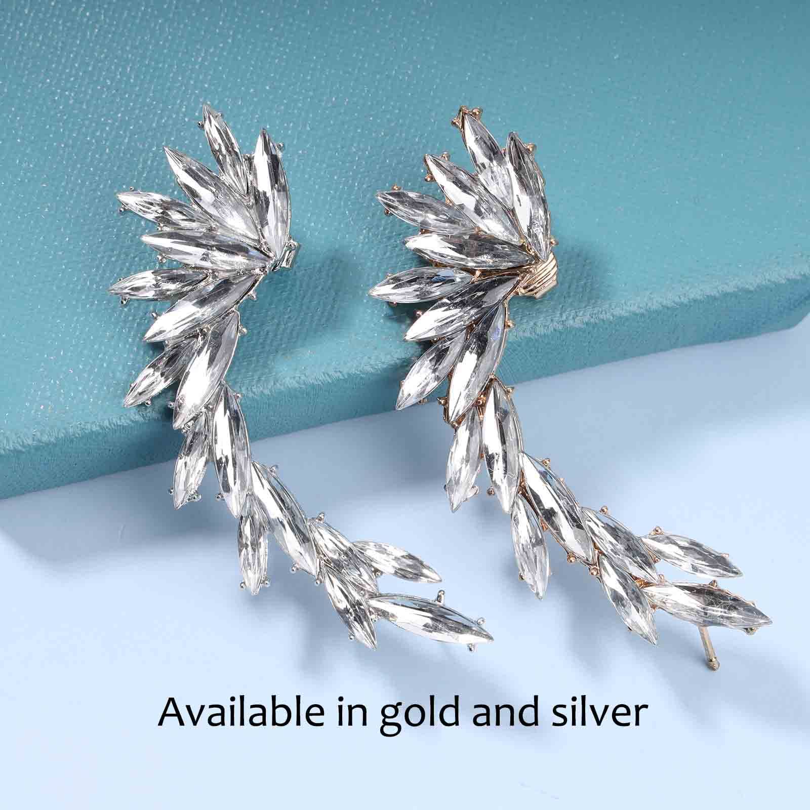 Boho Rhinestone Leaf Ear Climber Earrings - Silver CZ Crystal Ear Crawler, Punk Vintage Ear Cuff Clip-On Wrap Jewelry for Women | Perfect for Parties, Weddings & Boho Fashion (Silver)
