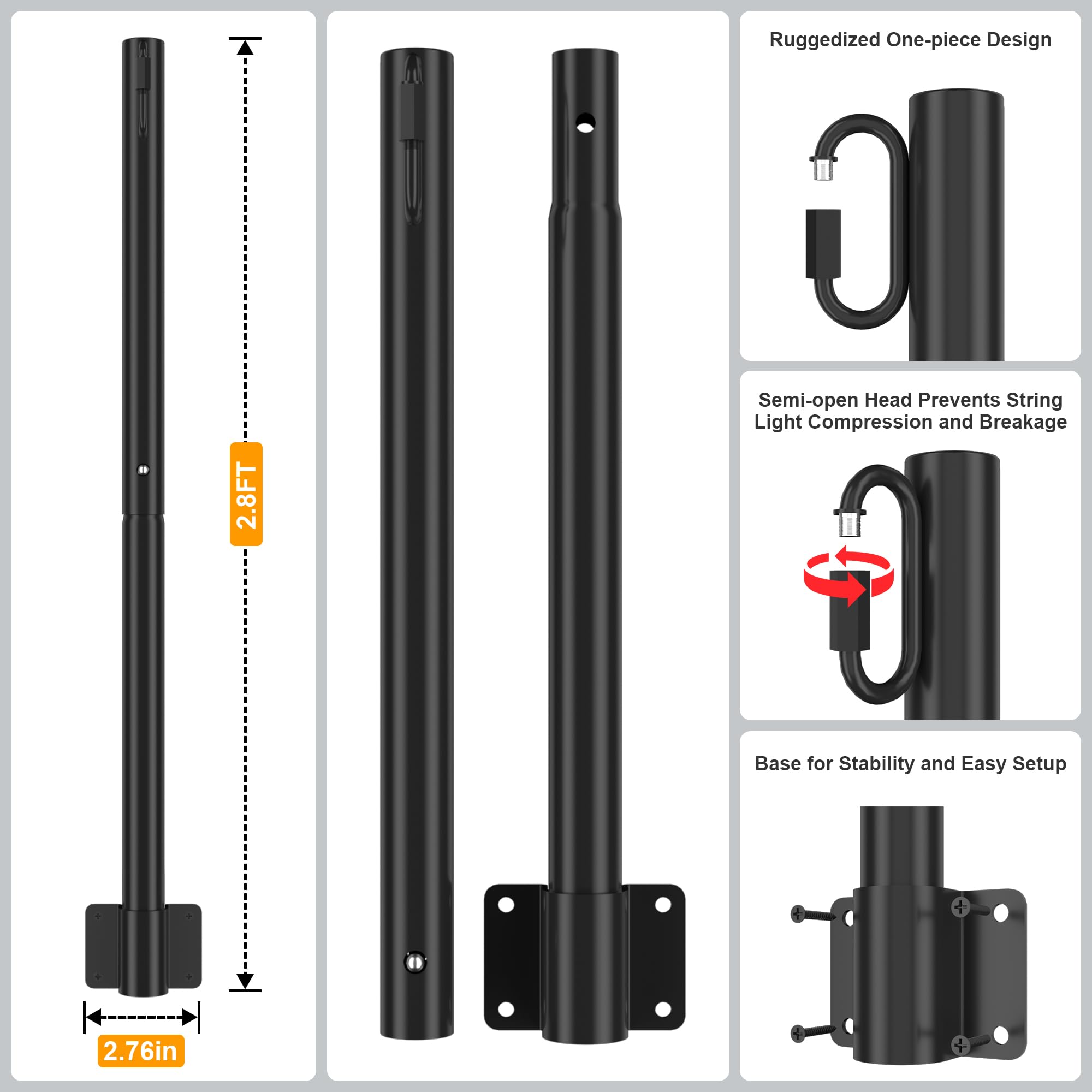 Suchtale 4 Pack 2.8 FT Outdoor String Light Poles with Clips & Brackets - Black Hanging Lights for Patio, Garden, Backyard, Wedding & Party Decor | Weather-Resistant Fence Post Lights for Ambient Lighting