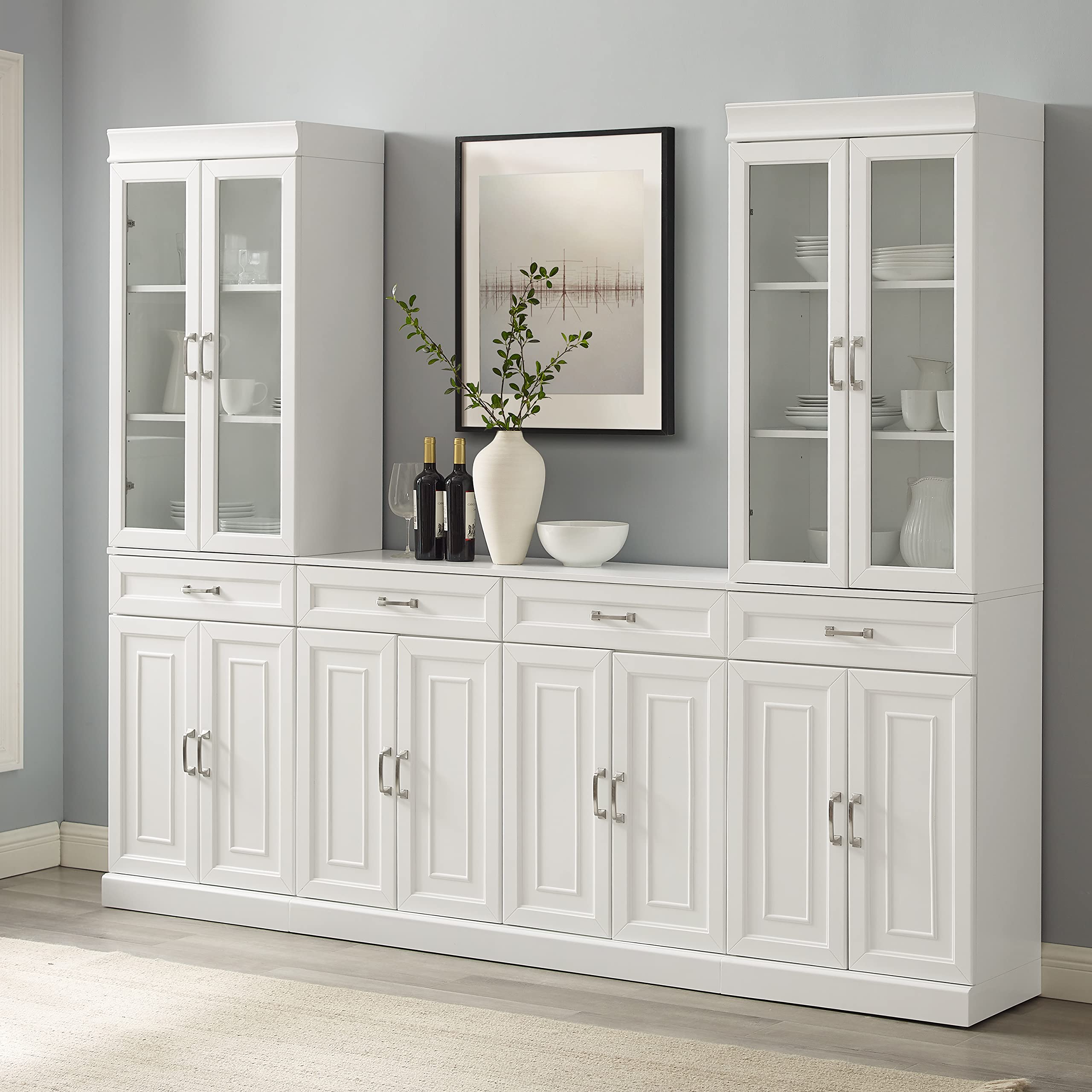 Crosley Furniture Stanton 3-Piece White Sideboard Buffet Cabinet with Glass Doors - Kitchen Storage Pantry Set for Dining Room, Living Room & Home Organization