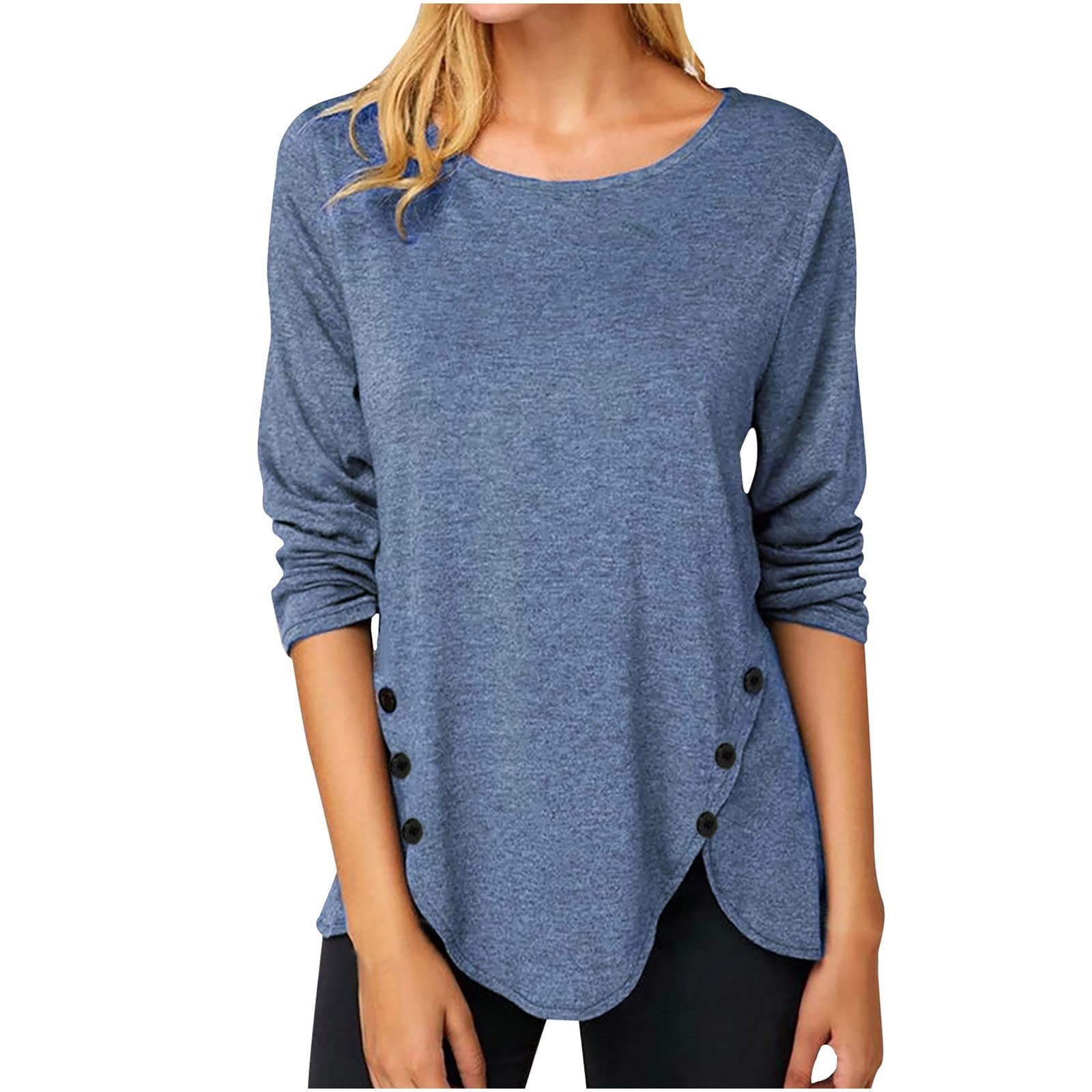 Women's Long Sleeve Crew Neck Casual Shirt - Loose Fit Irregular Hem Side Button Blouse - Solid Color Tops for Everyday Wear, Office & Outings