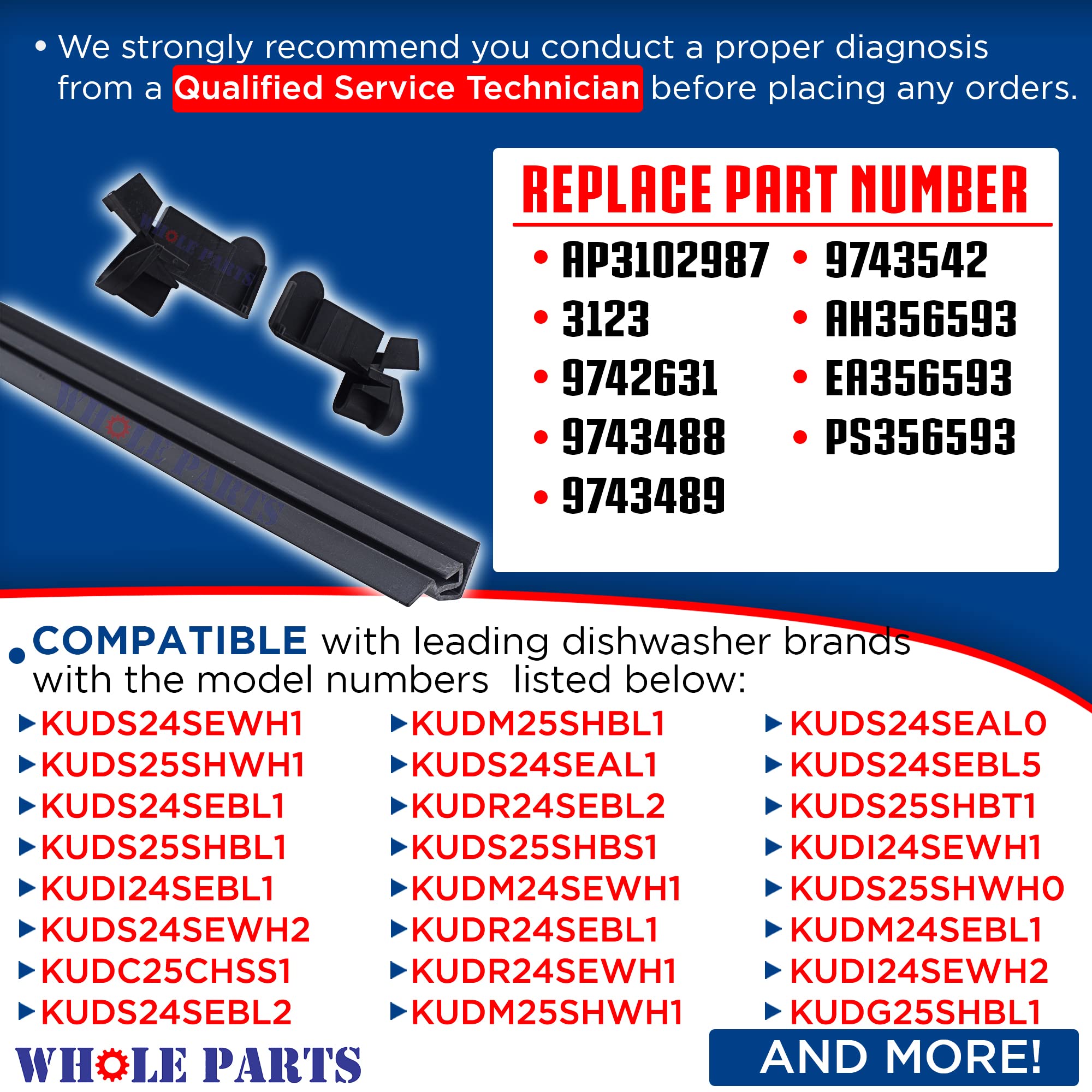 Whole Parts 4172127 Dishwasher Lower Door Seal Kit - Compatible with KitchenAid, Kenmore & Whirlpool Models | Durable Replacement Seal for Leak Prevention | Perfect for Home Kitchen Appliance Repair