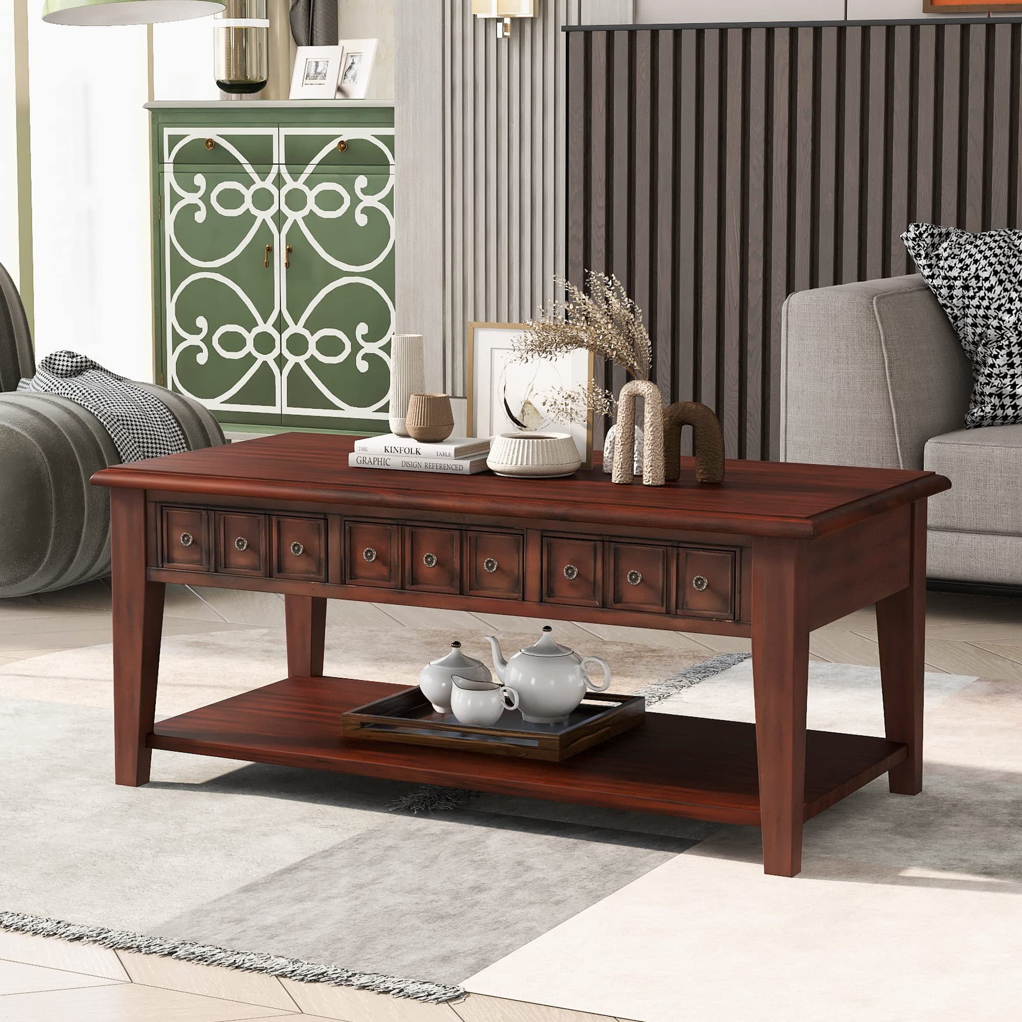 Rustic Solid Wood Coffee Table with Storage - 3 Drawers Rectangle Center Table with Shelf, Rubber Wood Legs for Living Room & Office (Brown) | Perfect for Small Spaces, Home Decor & Modern Farmhouse Style