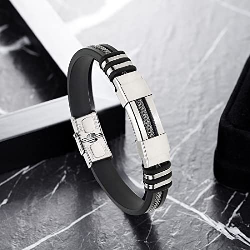 YDS Stainless Steel & Silicone Gel Men's Bracelet - Black with Steel Cable Chain for Men & Boys | Durable Unisex Wristband for Casual Wear, Gifts & Everyday Style