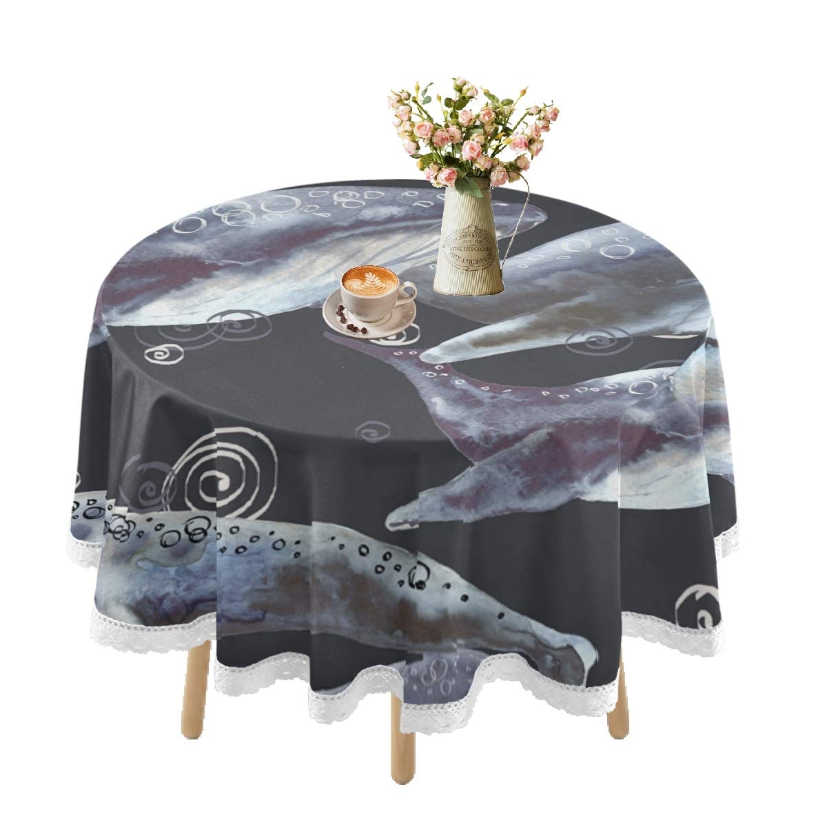 Waterproof Round Tablecloth 60 Inch - Sea Whales Watercolor Design with Lace Trim, Washable Vinyl Table Cover for Outdoor Dining, Farmhouse Picnics, Holiday Parties & Kitchen Decor | Perfect for Beach Themed Events, Birthday Celebrations & Restaurant Use