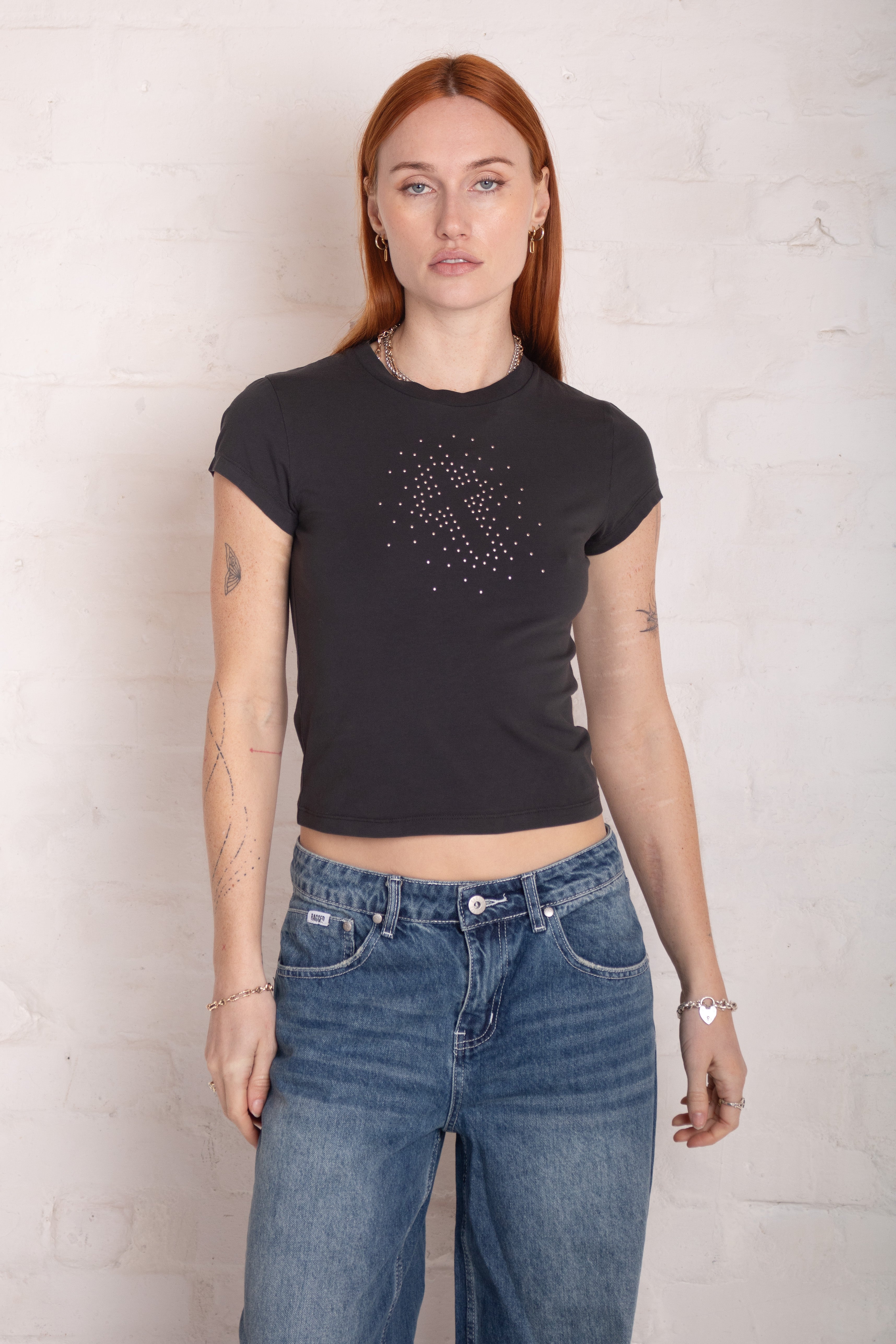 Cross My Heart Stud Baby Tee - Trendy Women's Graphic Crop Top for Casual Wear & Street Style Fashion | Perfect for Parties, Dates, and Everyday Outfits