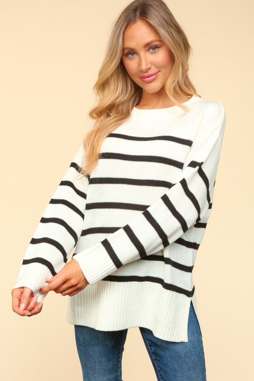 Oversized Striped Knit Pullover Sweater for Women - Cozy Winter Fashion, Casual Loungewear & Holiday Outfit