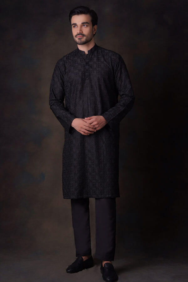 Black All Chikan Embroidered Kurta Pyjama Set for Men - Traditional Indian Cotton Kurta with Hand Embroidery | Perfect for Festivals, Weddings & Cultural Events