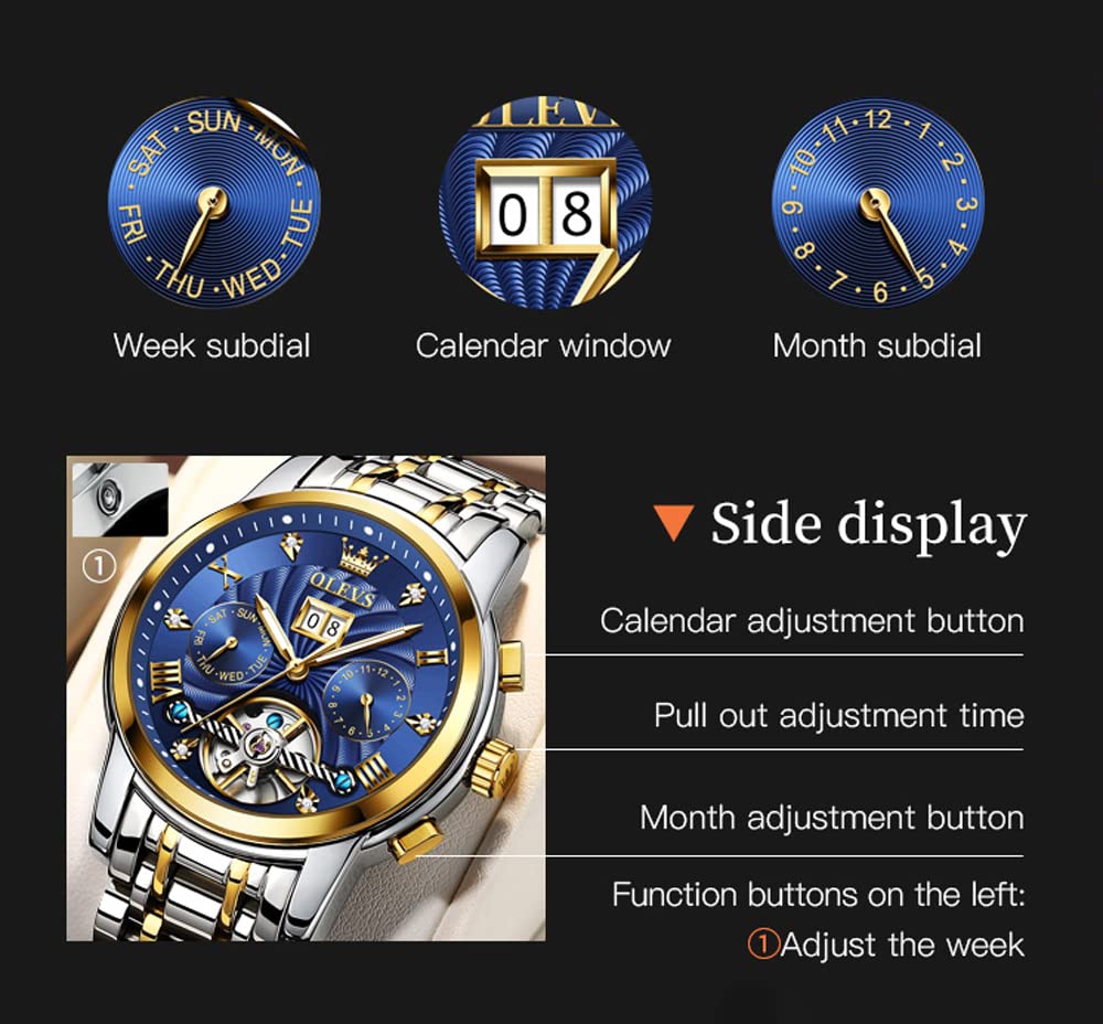 OLEVS Automatic Gold Watches for Men - Luxury Classic Stainless Steel Calendar Luminous Waterproof Watch - Perfect for Business, Formal Events & Everyday Wear