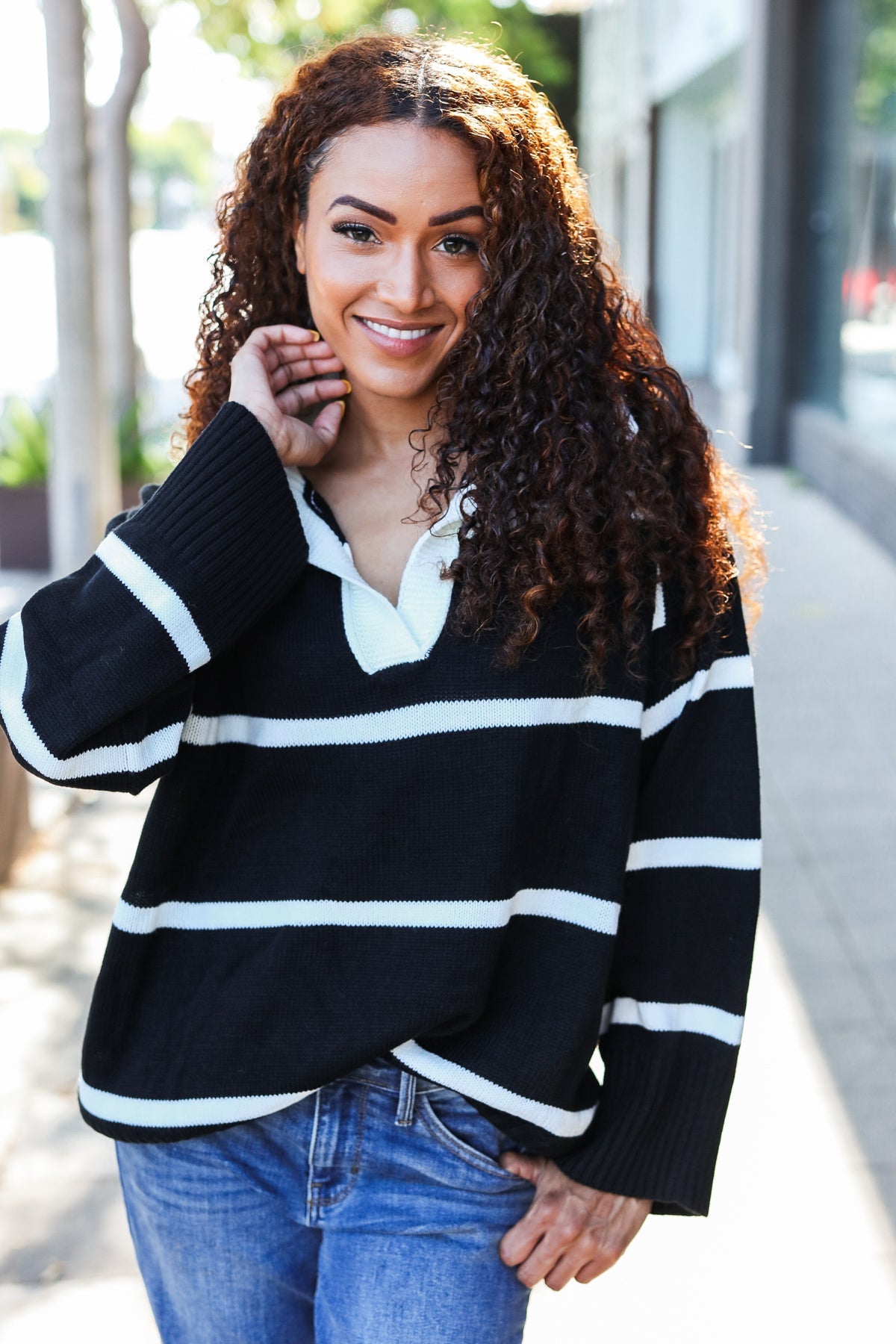 Fall For You Black Stripe Notched Neck Collared Oversized Sweater | Women's Chunky Knit Pullover | Cozy Winter Fashion for Casual Outings & Date Nights
