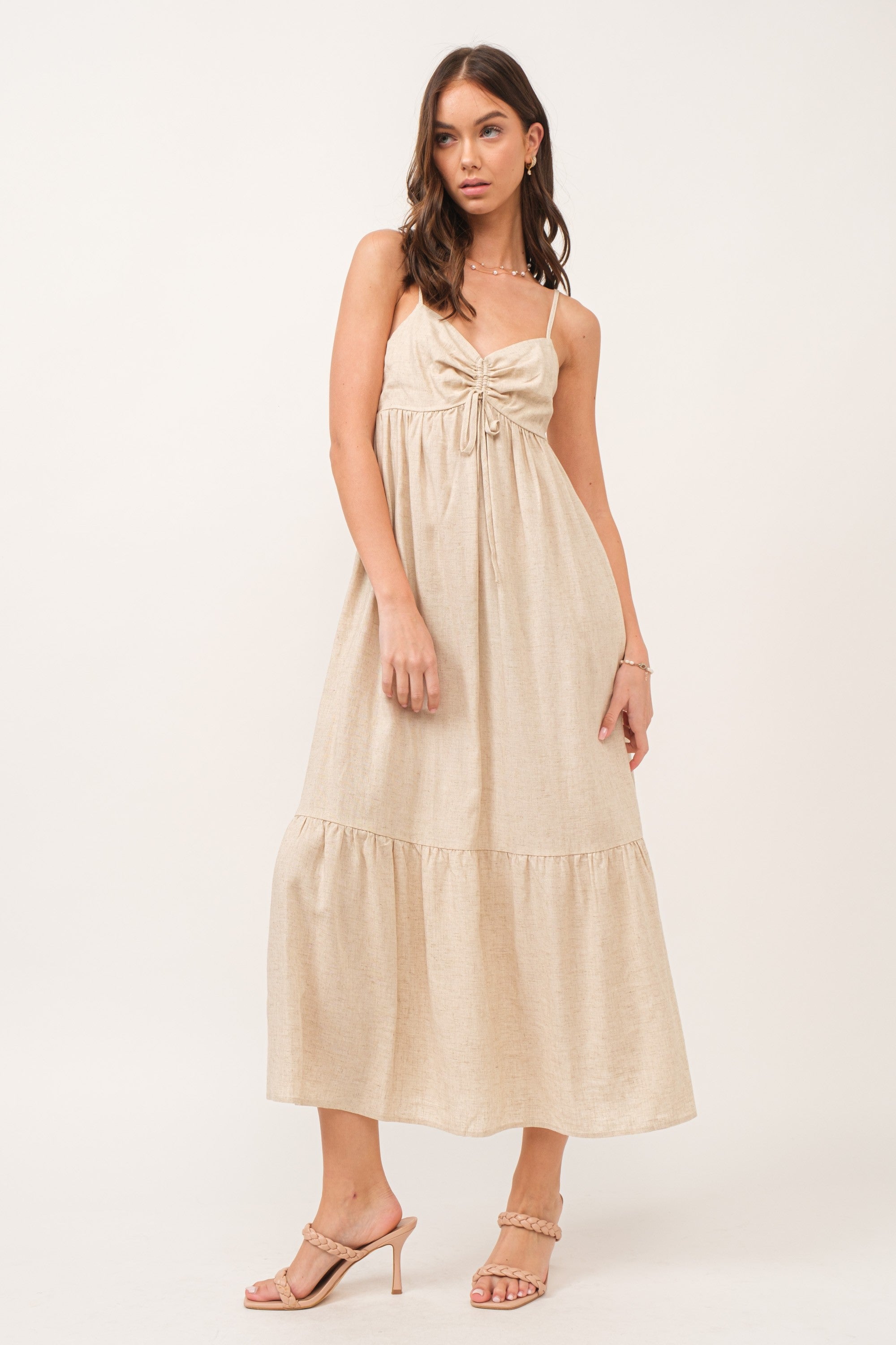 Beige Linen Midi Dress with Front Cinch Detail - Elegant Summer Casual Dress for Women, Perfect for Beach Vacations, Brunch Dates & Garden Parties