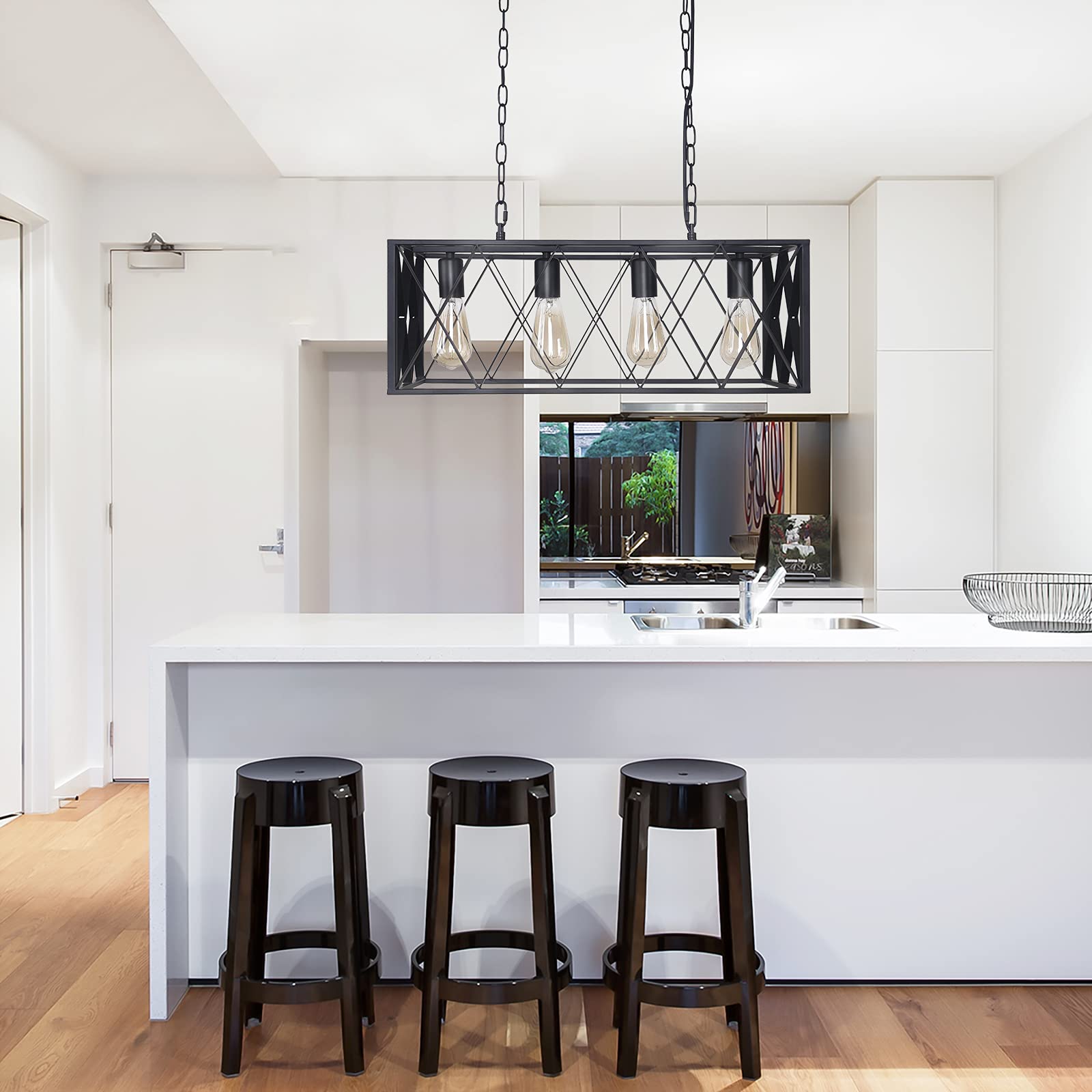 Farmhouse Black Kitchen Island Pendant Light - 4-Light Industrial Cage Chandelier for Dining Room, Kitchen, Living Room & Pool Table Areas | Rustic Ceiling Hanging Light Fixture for Modern Farmhouse & Industrial Style Decor
