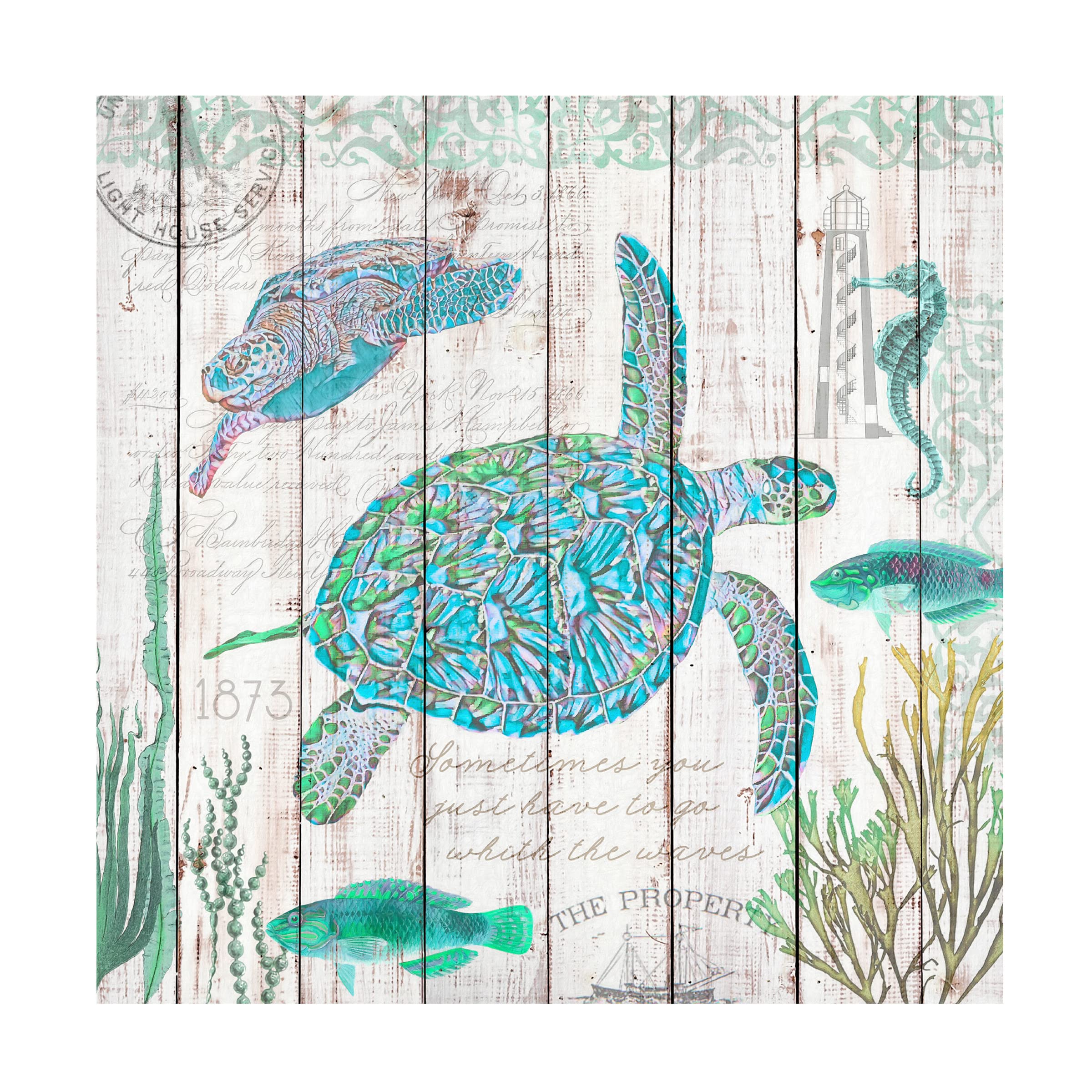 Trademark Fine Art 'Sea Turtles on Driftwood Panel' Canvas Wall Art Print by Cora Niele - Perfect for Beach House Decor, Living Room & Ocean Theme Bedroom