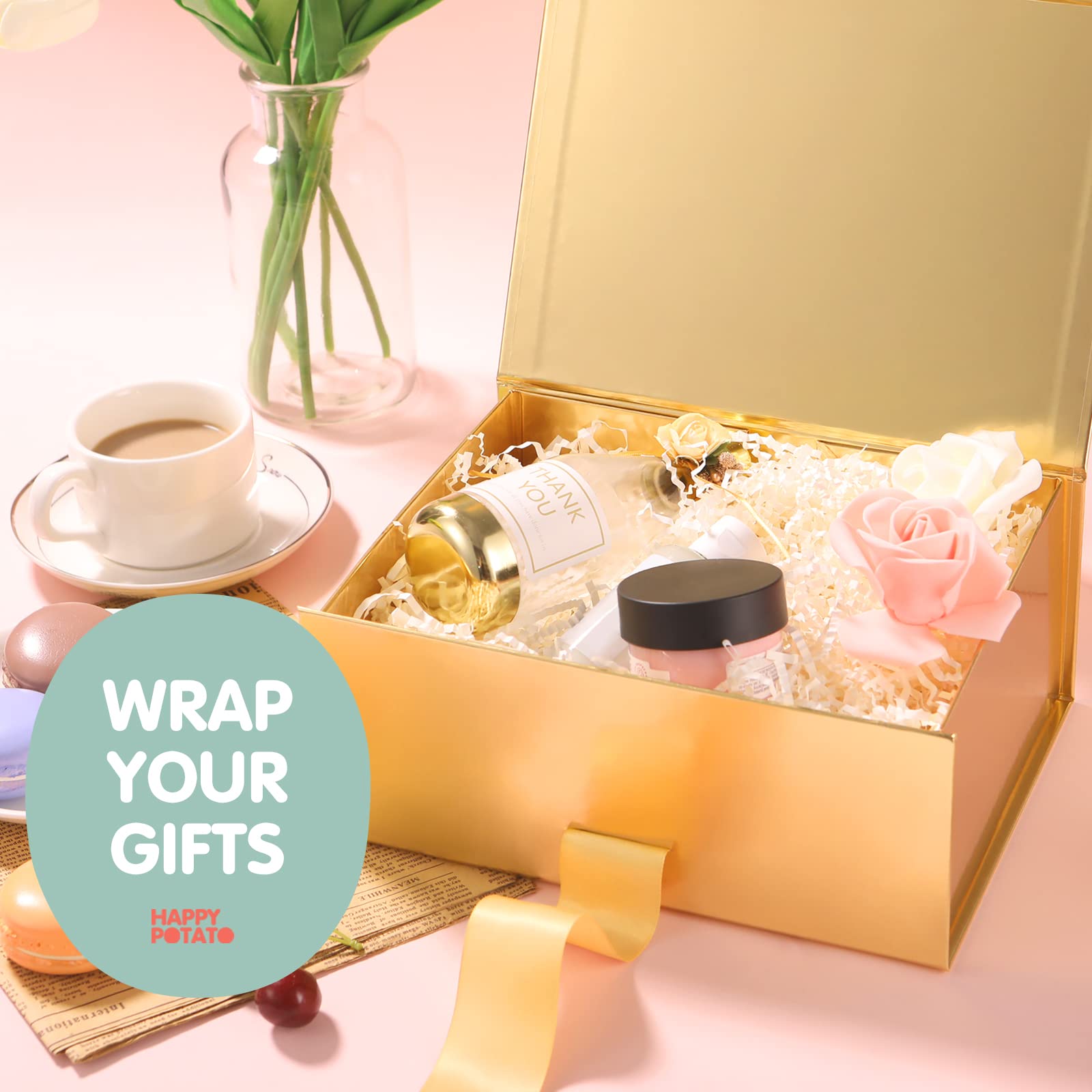 Happy Potato Gift Box with Ribbon - 9x6.5x3.8 Inches Gold Magnetic Gift Box with Lid - Bridesmaid Proposal Box, Wedding Party Favors, Jewelry & Keepsake Storage - Glossy Finish for Special Occasions