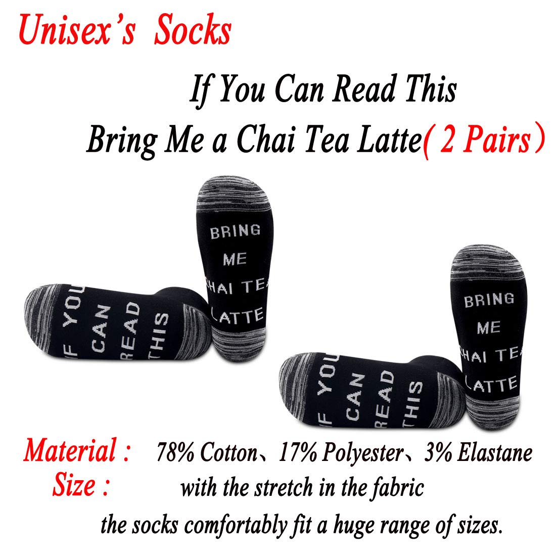 JXGZSO 2 Pairs Funny Novelty Socks - 'Bring Me a Chai Tea Latte' & 'Can Read This' Coffee Lover Gifts for Women & Men - Perfect for Tea Parties, Cozy Nights & Christmas Presents