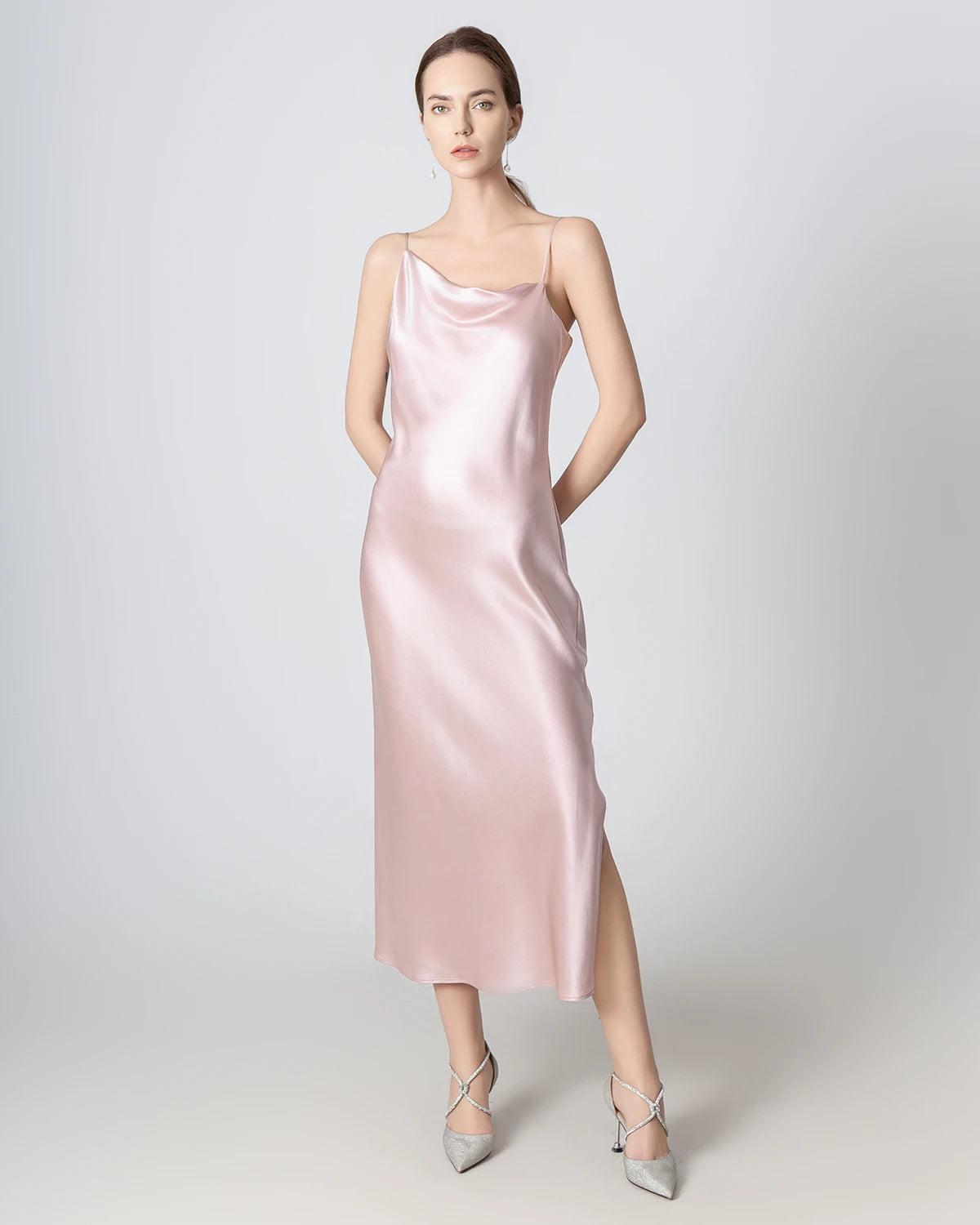 Elegant Slit Cowl Neck Midi Silk Dress for Women | Luxury Satin Evening Gown | Perfect for Cocktail Parties, Date Nights & Formal Events