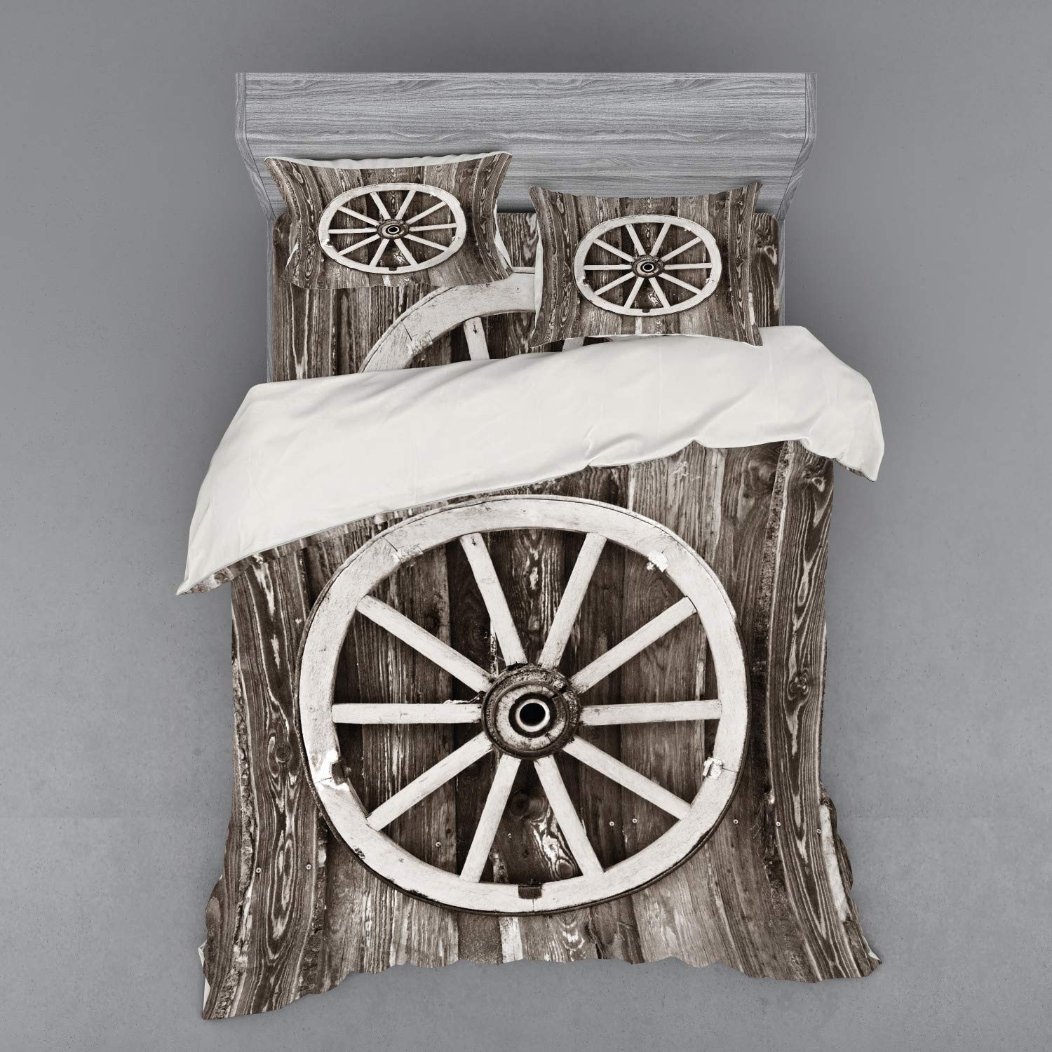 Ambesonne Vintage Barn Wood Wagon Wheel 4-Piece Queen Bedding Set - Dark Brown & White Duvet Cover with Shams & Fitted Sheet | Rustic Farmhouse Decor for Bedroom, Guest Room & Cabin Retreat