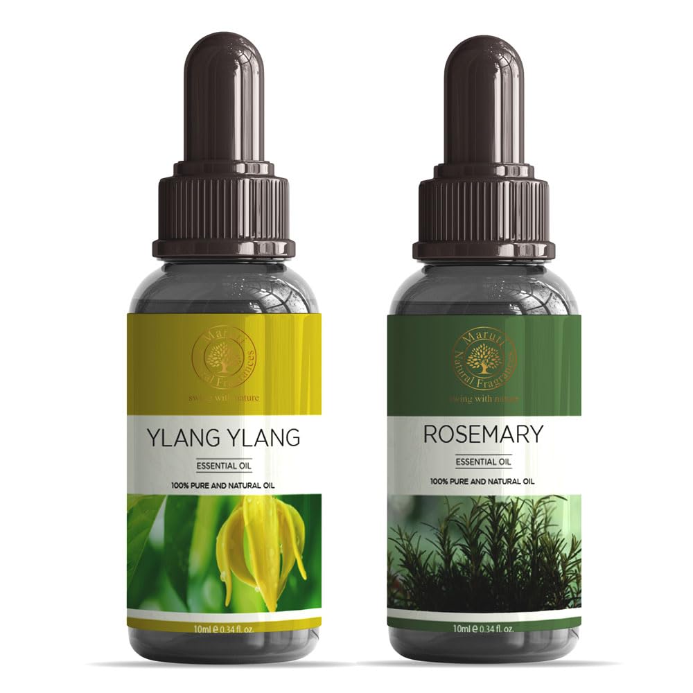 MARUTI 100% Pure Rosemary & Ylang Ylang Essential Oil Set - 10ml Each, Undiluted, Cruelty-Free, Therapeutic Grade for Aromatherapy, Diffusers, Skin Care, Meditation & Stress Relief - Natural Fragrance Oils for Home Spa, Yoga & Relaxation
