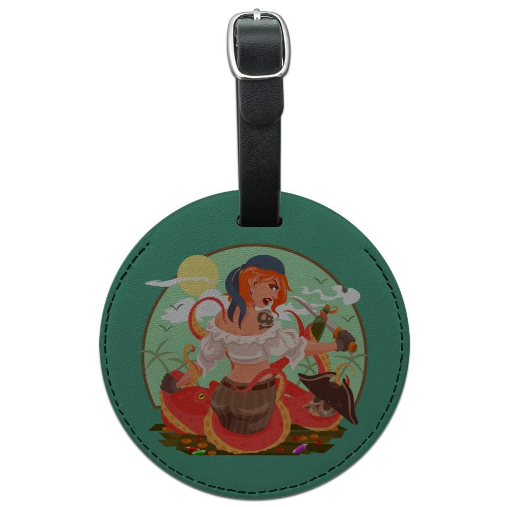 Octopus & Pirate Themed Round Leather Luggage Tag - Waterproof Carry-On ID Tag for Suitcases, Backpacks & Travel Bags | Perfect for Vacation, Business Trips & Cruise Adventures
