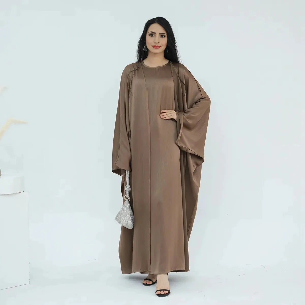 Wrinkle-Free Satin 2-Piece Open Abaya Dress Set #24806 - Elegant Muslim Prayer Dress for Women, Perfect for Special Occasions & Daily Wear