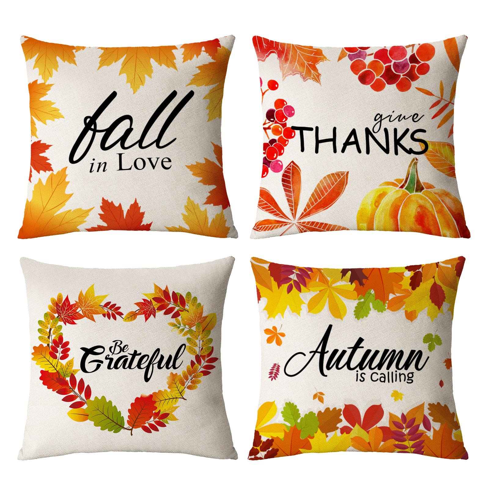 4 Pack Fall Pillow Covers 20x20 Inch - Thanksgiving Autumn Decor with Pumpkin & Leaf Patterns - Soft Decorative Throw Pillow Cases for Couch, Sofa, Bed - Perfect for Home, Living Room & Seasonal Decorations