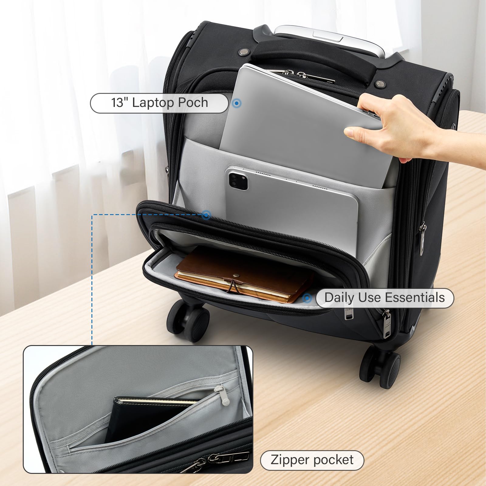 16 Inch Underseat Carry On Luggage with Wheels - Softside Small Suitcase for Air Travel, Personal Item Bag with Pockets - Perfect for Men & Women Business Trips, Overnight Stay (Black) | Compact & Lightweight Cabin Bag for Airlines, Commuting, Weekend Getaways
