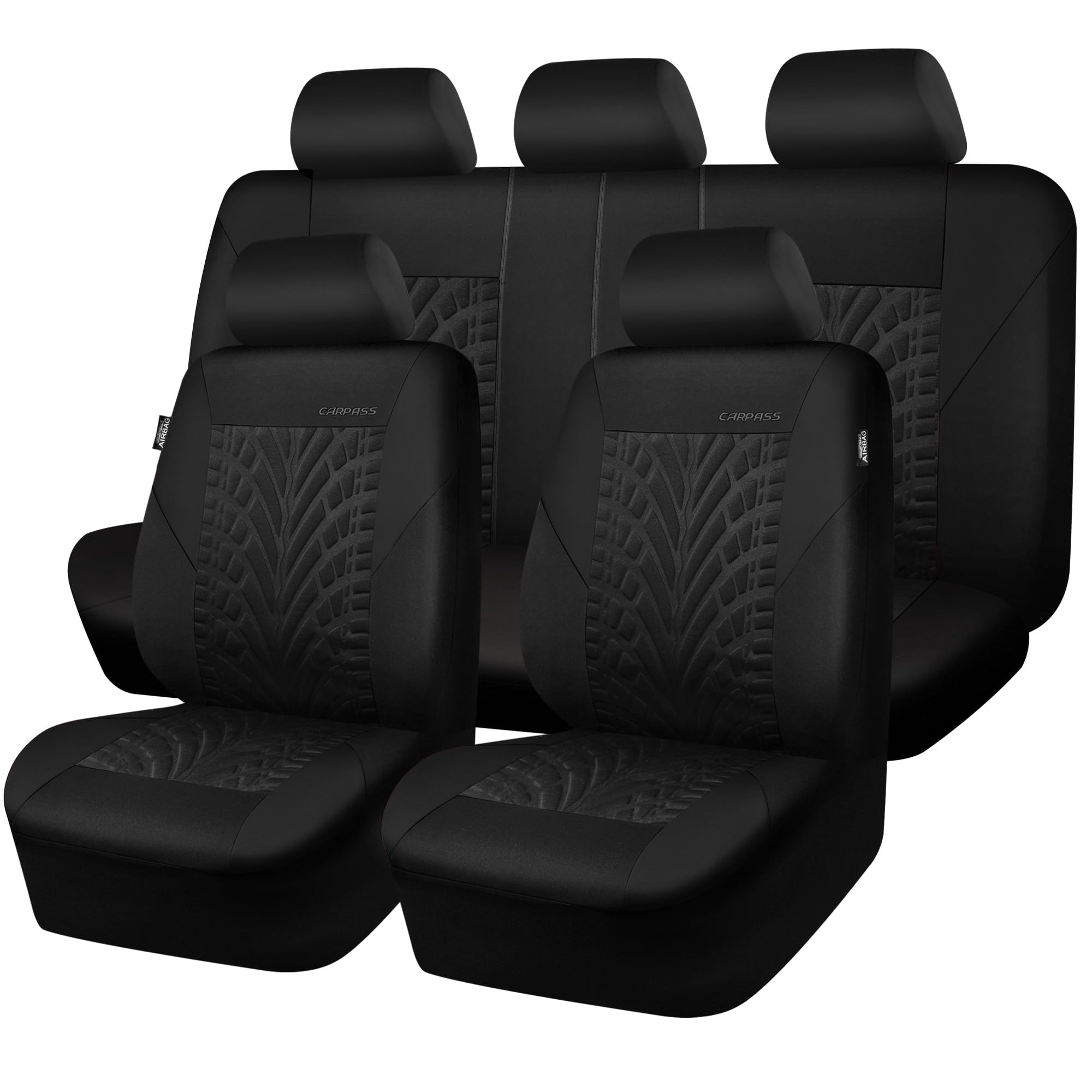 Premium CAR PASS Universal Car Seat Covers Full Set - Front & Split Rear Bench 3D Tyre Embossed Design | Airbag Compatible Quick Installation for Sedan, SUV, Truck (All Black) | Perfect for Road Trips, Daily Commute & Pet Protection