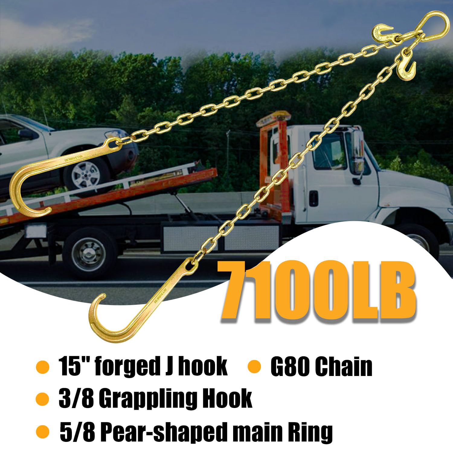 3/8In x 2Ft Grade 80 V-Bridle Towing Chain with J Hooks & Grab Hooks | 7,100LBS Safe Working Load | Heavy Duty Flatbed Truck, Rollback Wrecker & Carrier Transport | Perfect for Vehicle Recovery, Towing & Off-Road Hauling