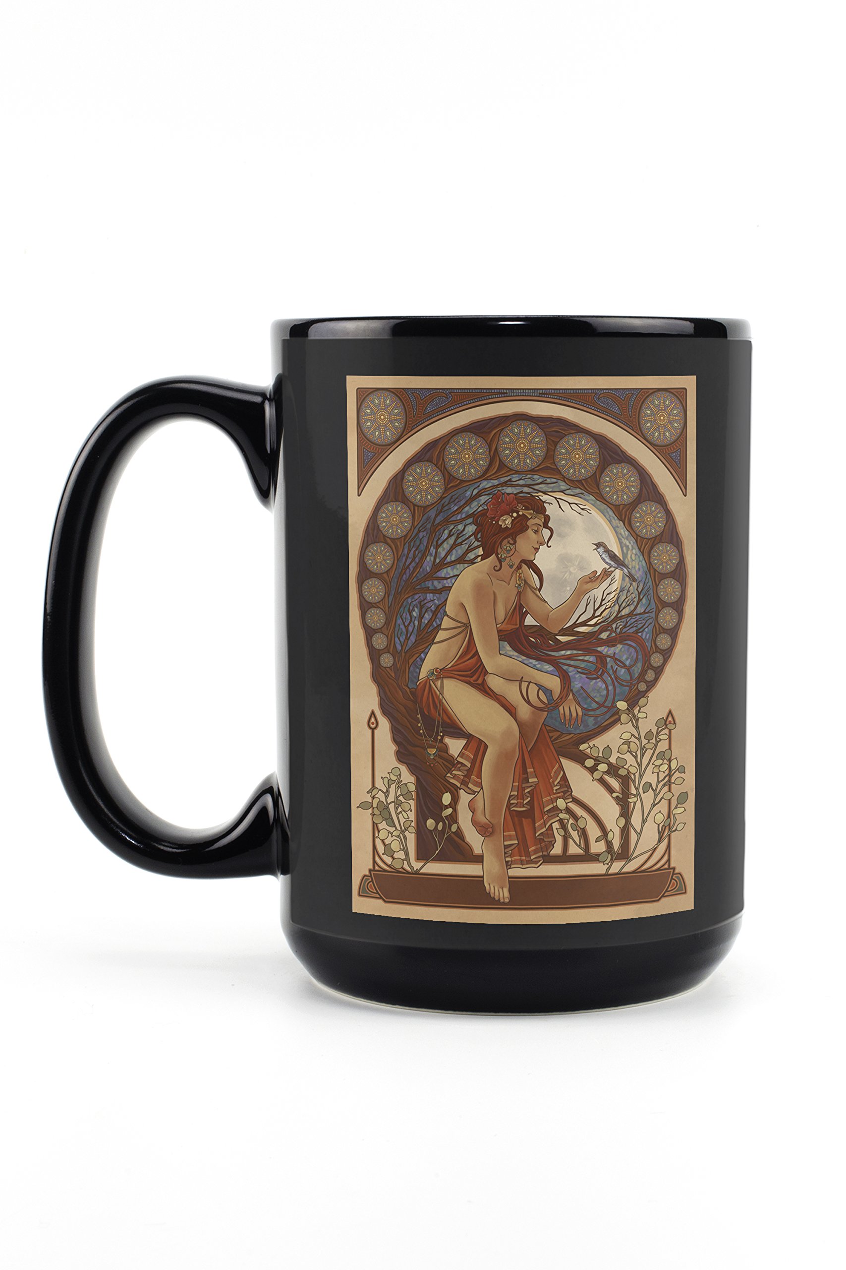 Lantern Press Art Nouveau Woman and Bird Design 15oz Black Ceramic Coffee Mug - Microwave & Dishwasher Safe - Perfect for Home, Office or Gift Giving