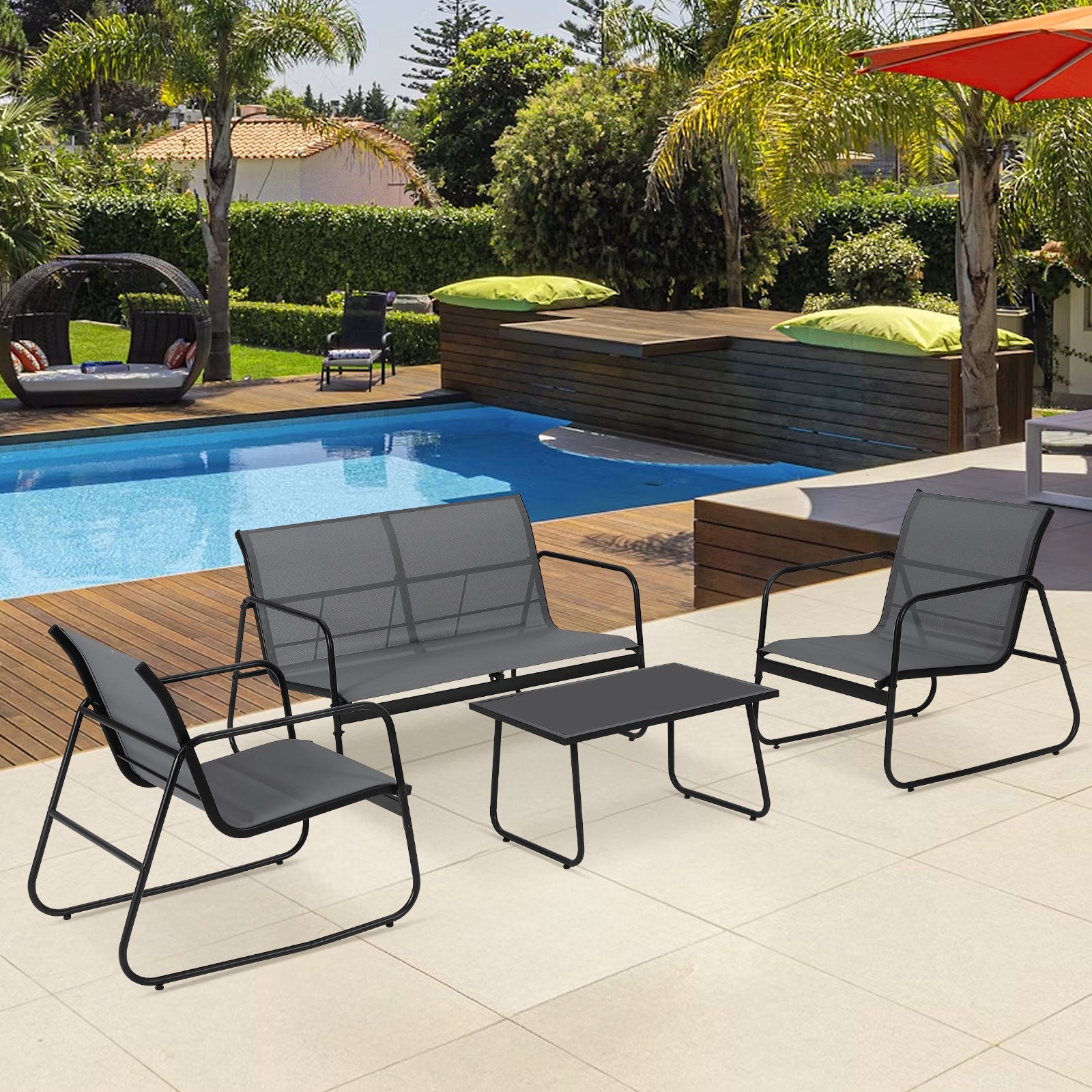 GARVEE 4-Piece Outdoor Patio Furniture Set with Glass Coffee Table - Heathered Grey Fabric & Black Frame - Perfect for Garden, Poolside, Lawn or Backyard Relaxation