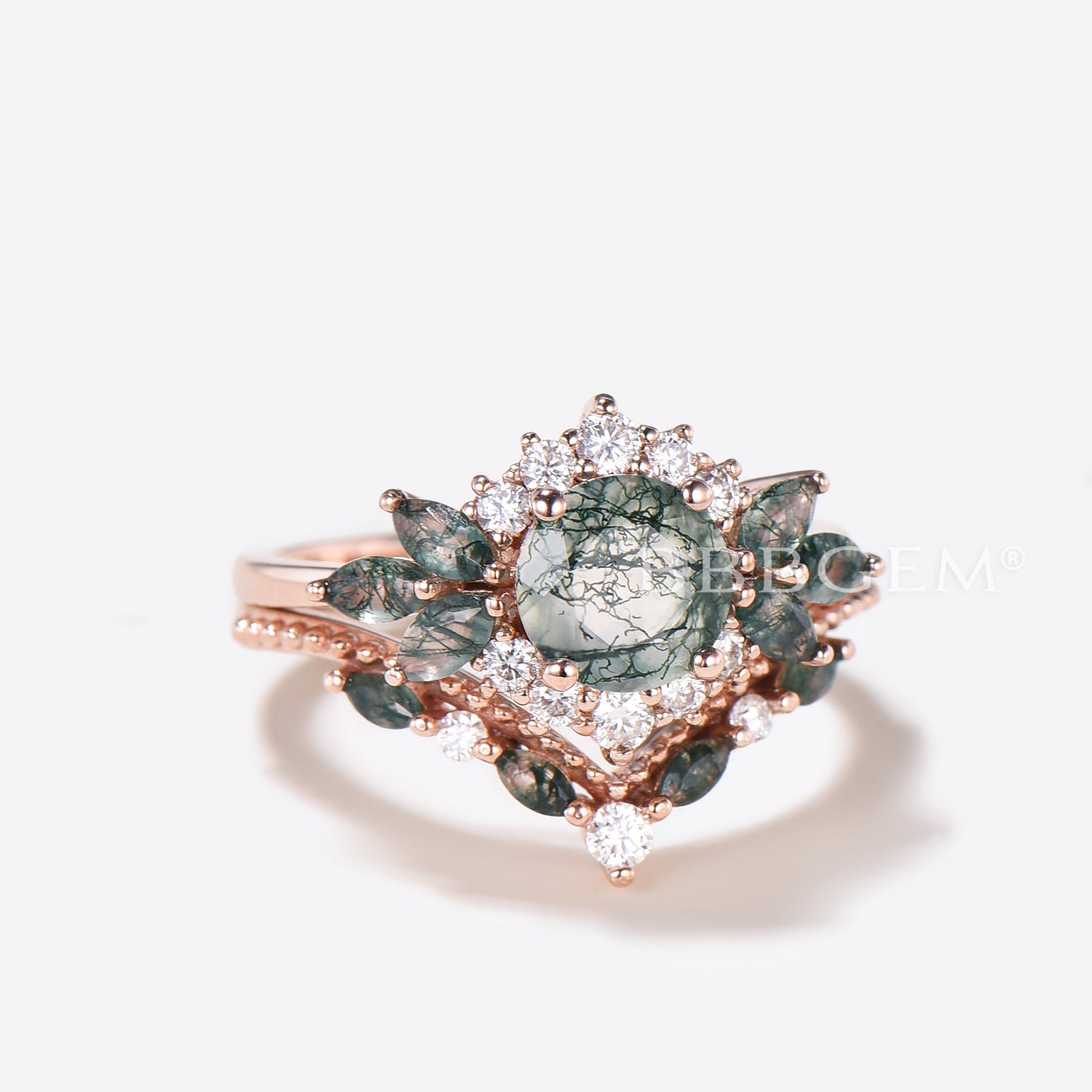 Natural Moss Agate Cluster Diamond Halo Ring - Round Cut Green Agate Bridal Set for Engagement, Wedding & Anniversary Jewelry Gift