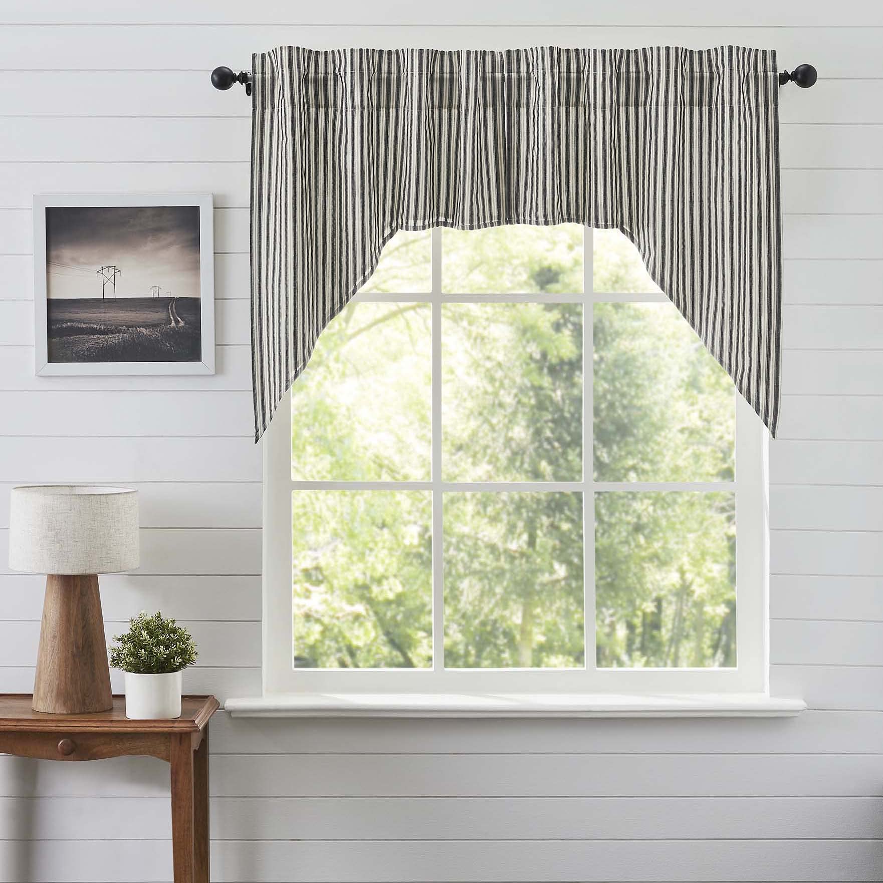 VHC Brands Ashmont Grey Ticking Stripe Farmhouse Swag Curtain Set 36x36x16 - Rustic Window Treatment for Living Room, Bedroom & Kitchen Decor