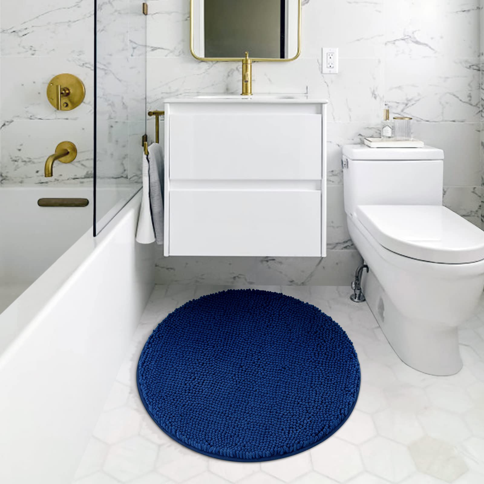 Premium Chenille Shaggy Bath Mat - Ultra Soft, Absorbent & Non-Slip Round Bathroom Rug (2ft, Navy Blue) | Machine Washable for Easy Care | Perfect for Bathroom, Shower & Vanity Areas