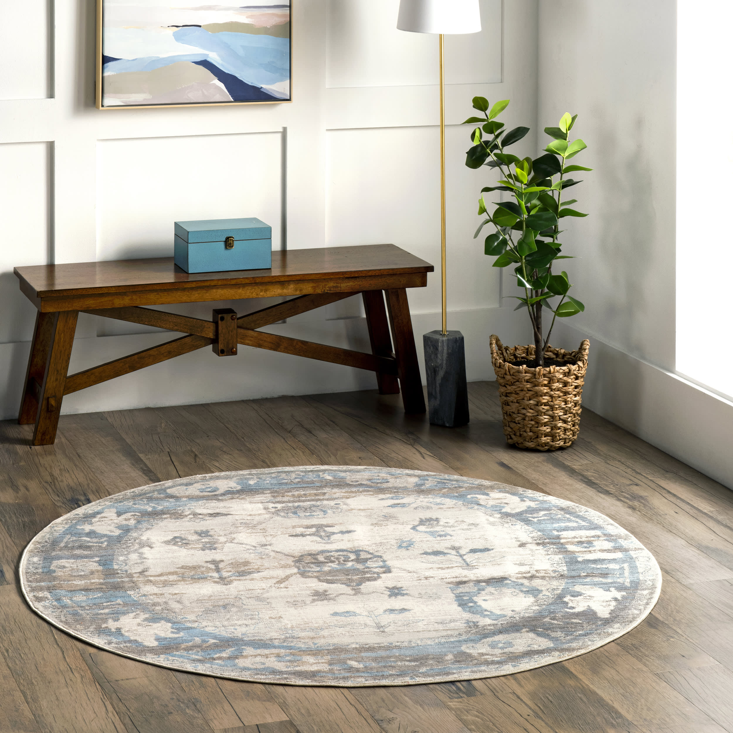 Distressed Foliage Rug - Light Blue Vintage Style Area Rug for Boho Living Room, Bedroom Decor | Soft & Durable Indoor Floor Mat