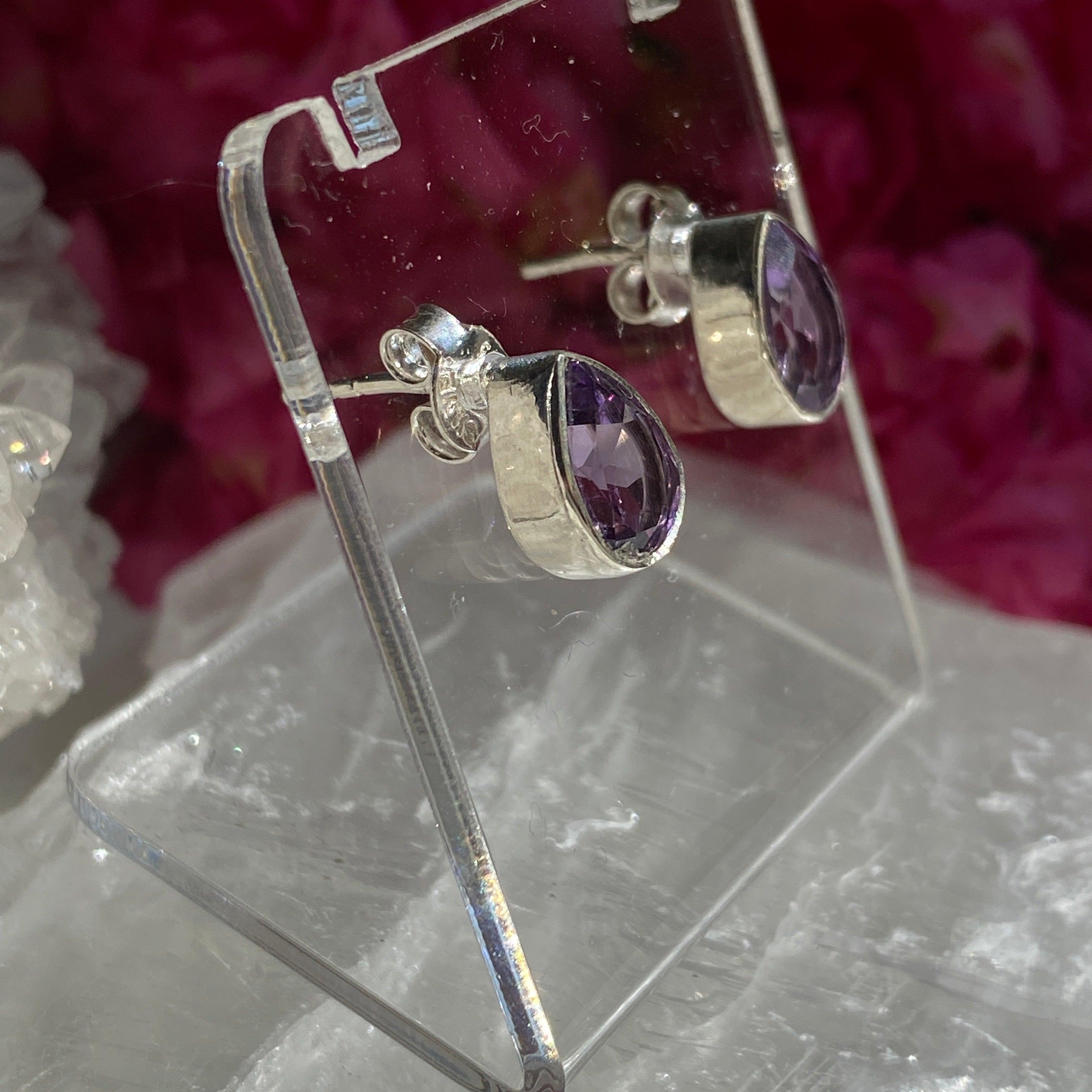 Amethyst Faceted Teardrop Stud Earrings for Women - 925 Sterling Silver Dainty Jewelry Gift - Perfect for Weddings, Parties & Everyday Wear KEGJ1054